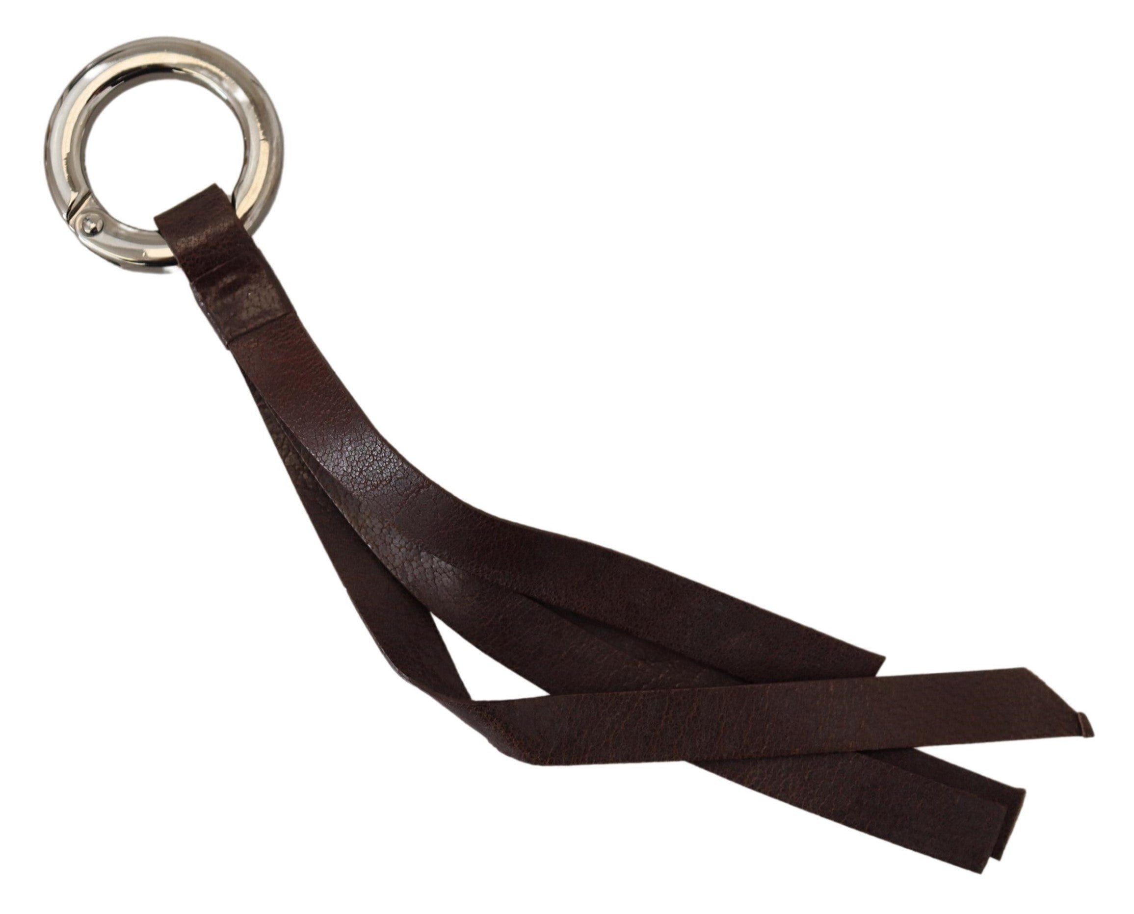 Brown Leather Silver Tone Metal Keyring Keychain - ventzia