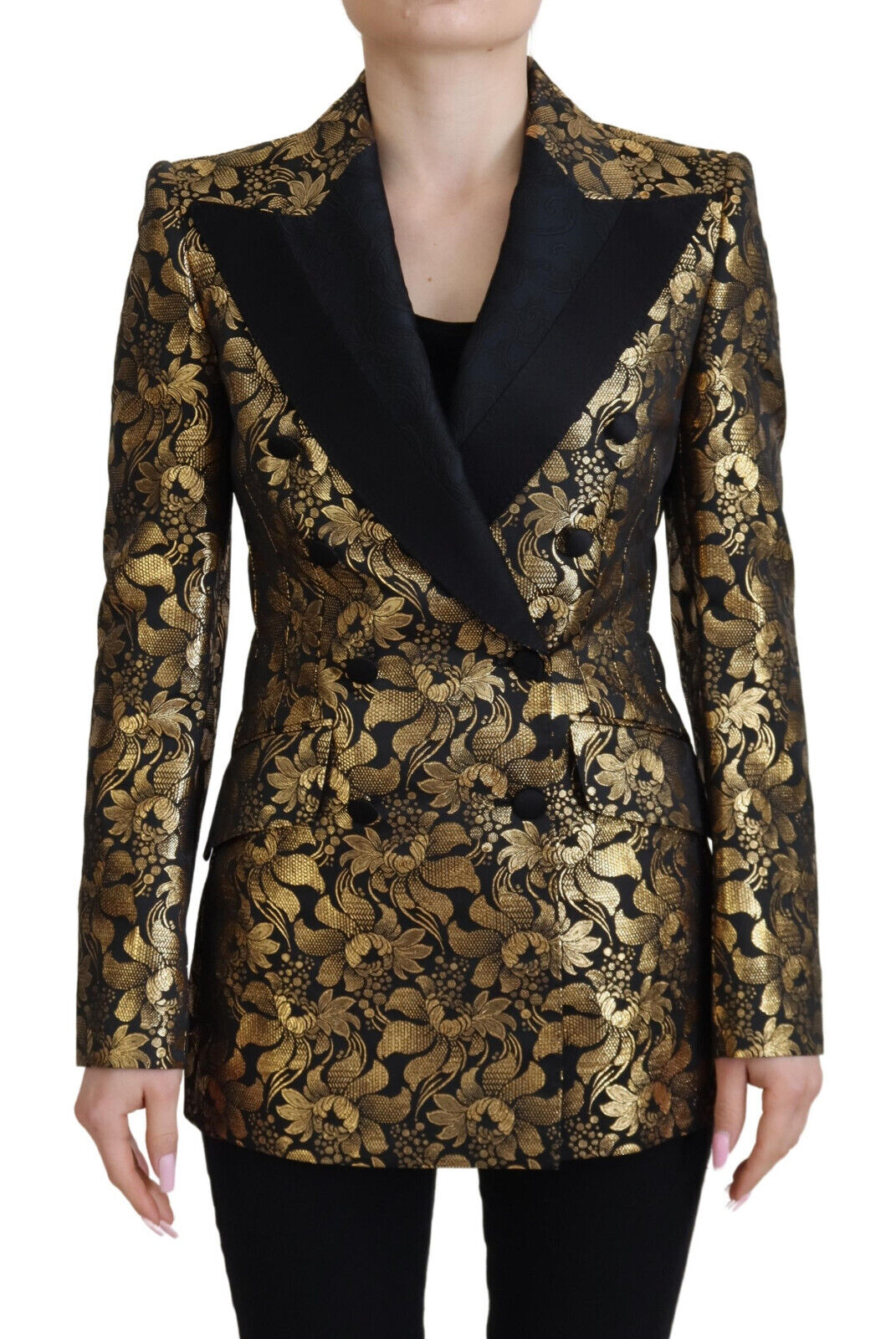 Black Gold Jacquard Coat Blazer Jacket - ventzia
