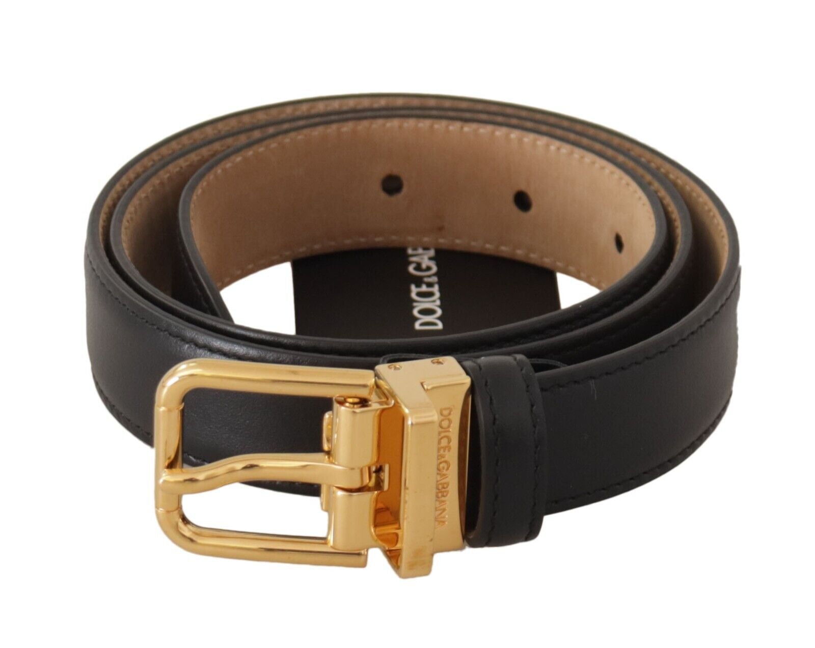 Black Calf Leather Gold Metal Logo Waist Buckle Belt - ventzia