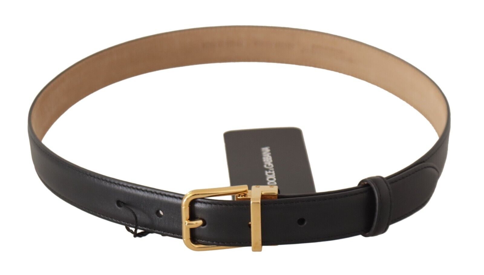 Black Calf Leather Gold Metal Logo Waist Buckle Belt - ventzia