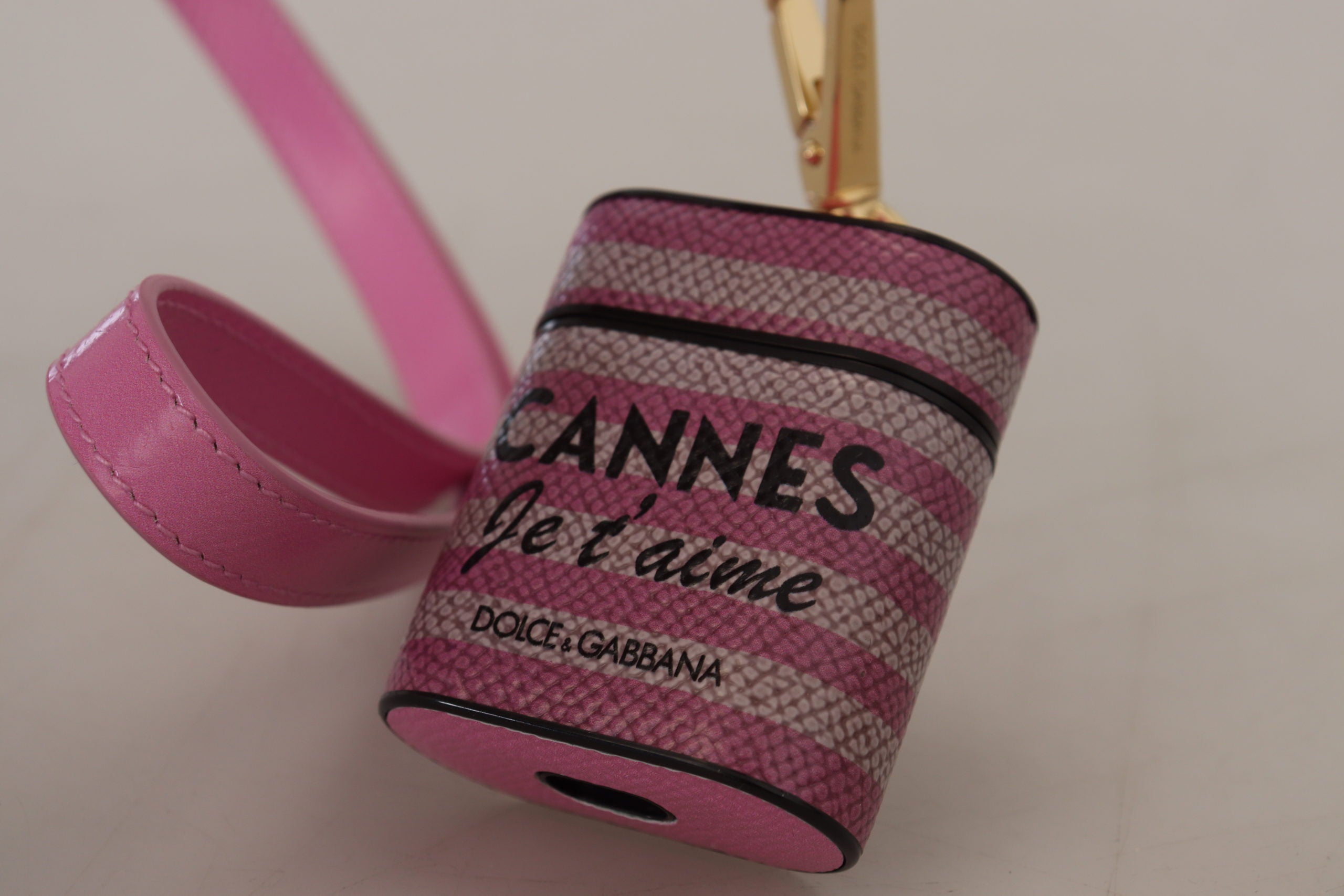 Pink Black Leather Strap Gold Metal Logo Airpods Case - ventzia