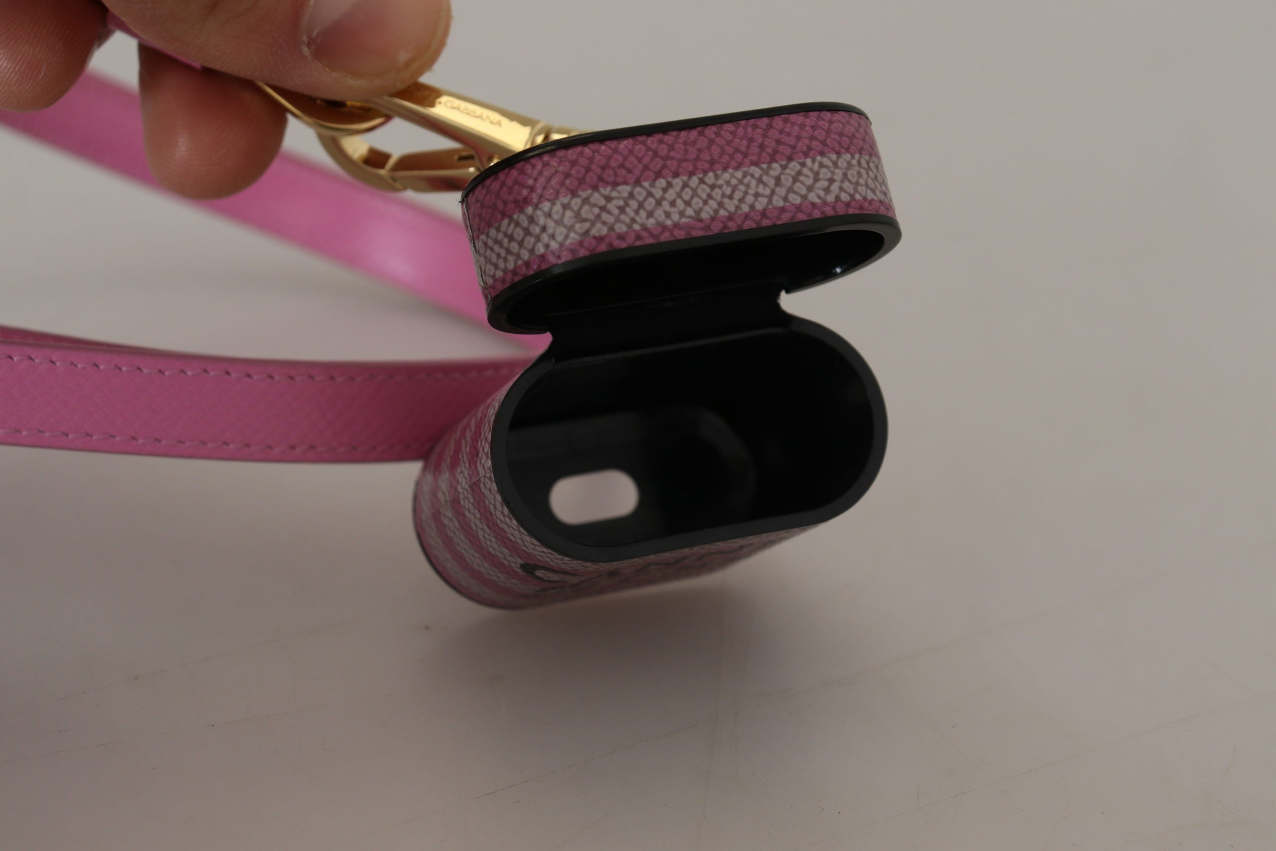 Pink Black Leather Strap Gold Metal Logo Airpods Case - ventzia