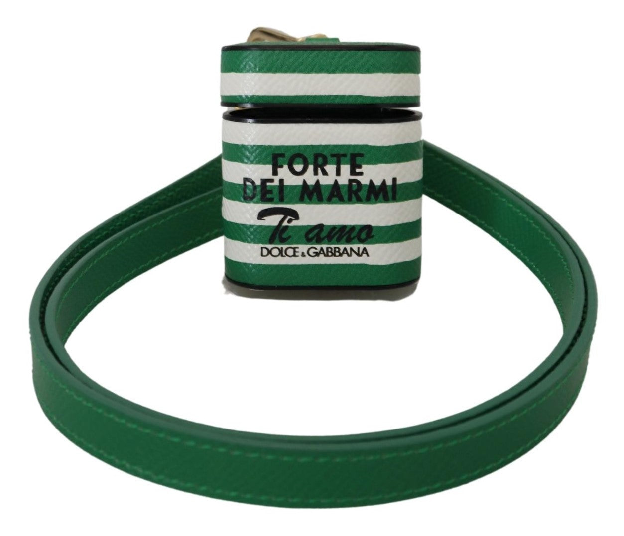 Green Leather Strap Gold Metal Logo Airpods Case - ventzia