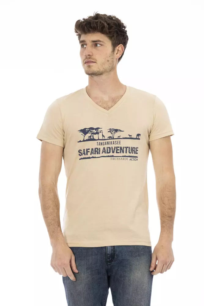 Beige Cotton Men V-Neck T-Shirt - ventzia