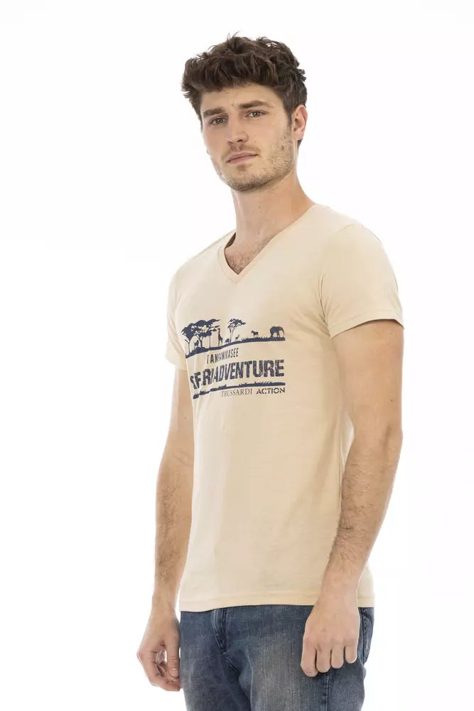 Beige Cotton Men V-Neck T-Shirt - ventzia