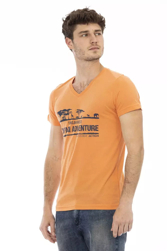 Orange Cotton Men V-Neck T-Shirt - ventzia