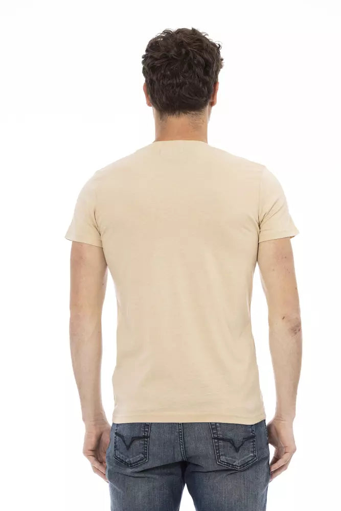 Beige Cotton Men V-Neck T-Shirt - ventzia