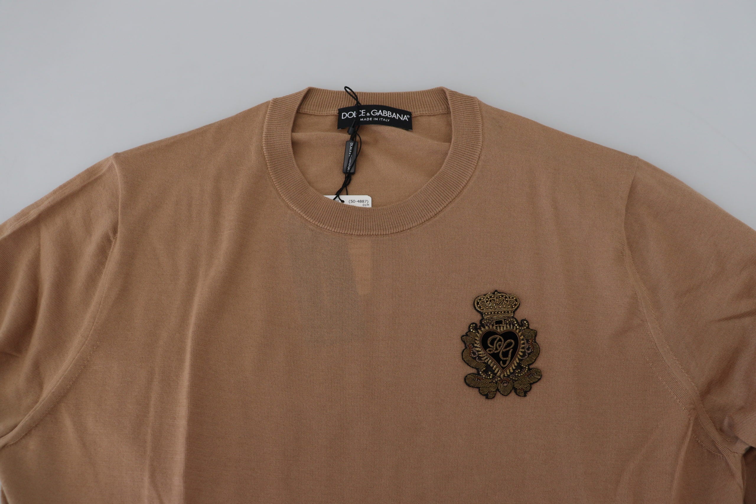 Beige Cashmere Crown Logo Pullover Sweater - ventzia