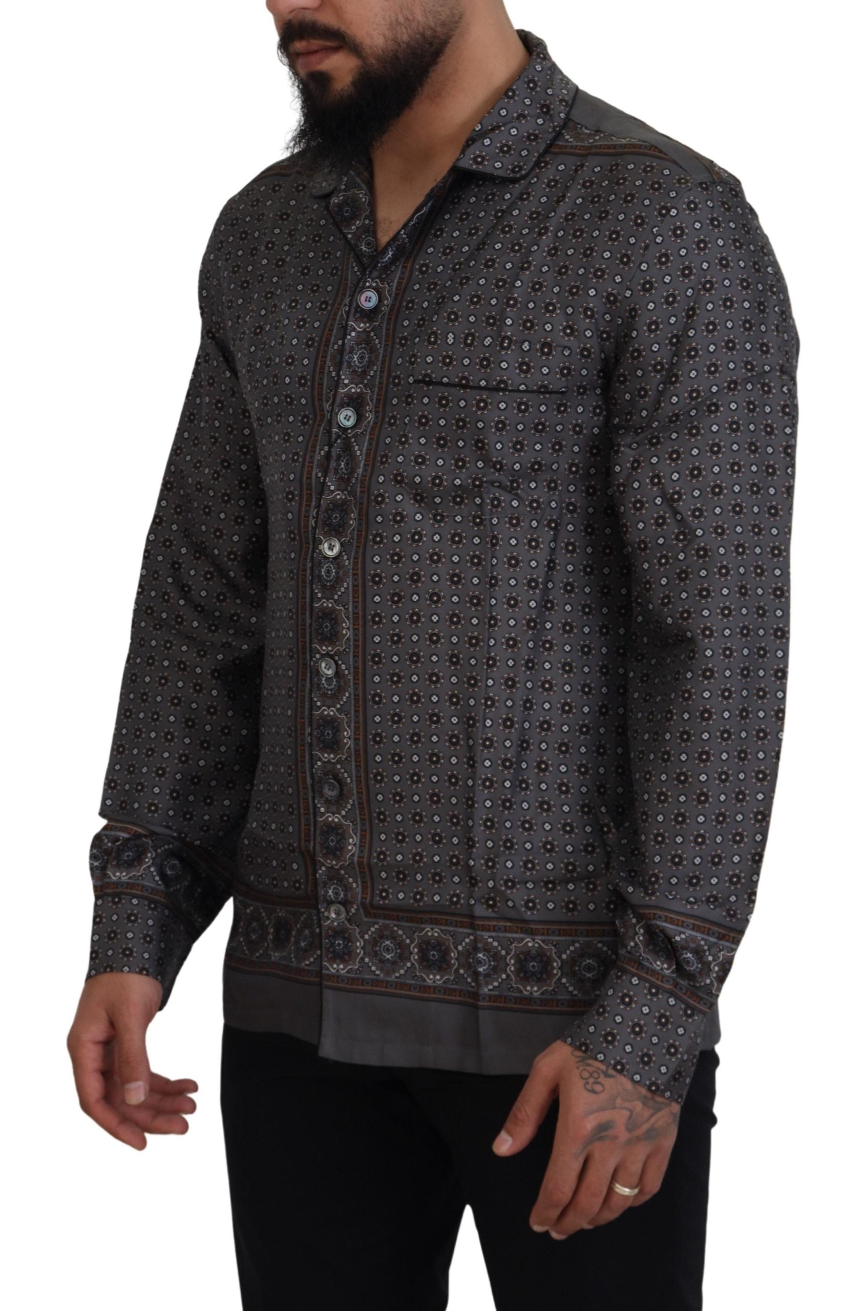 Gray Baroque Silk Satin Casual Shirt - ventzia