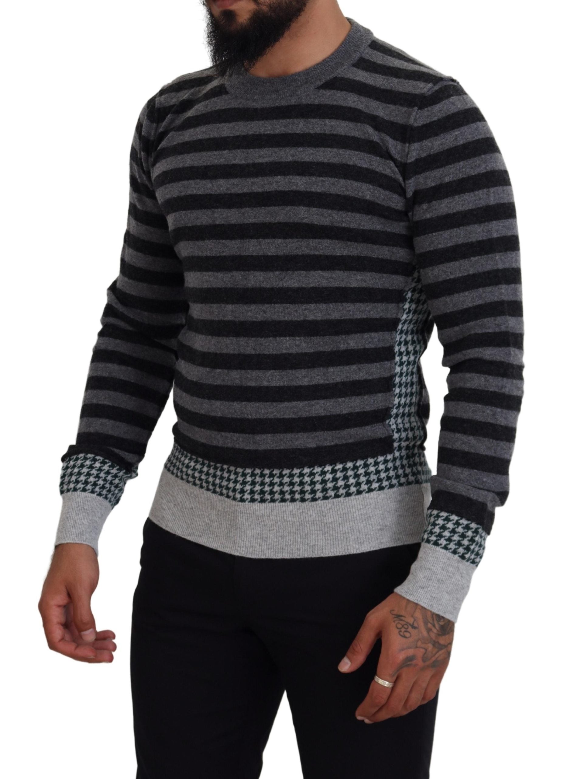 Black Gray Wool Logo Pullover Sweater - ventzia