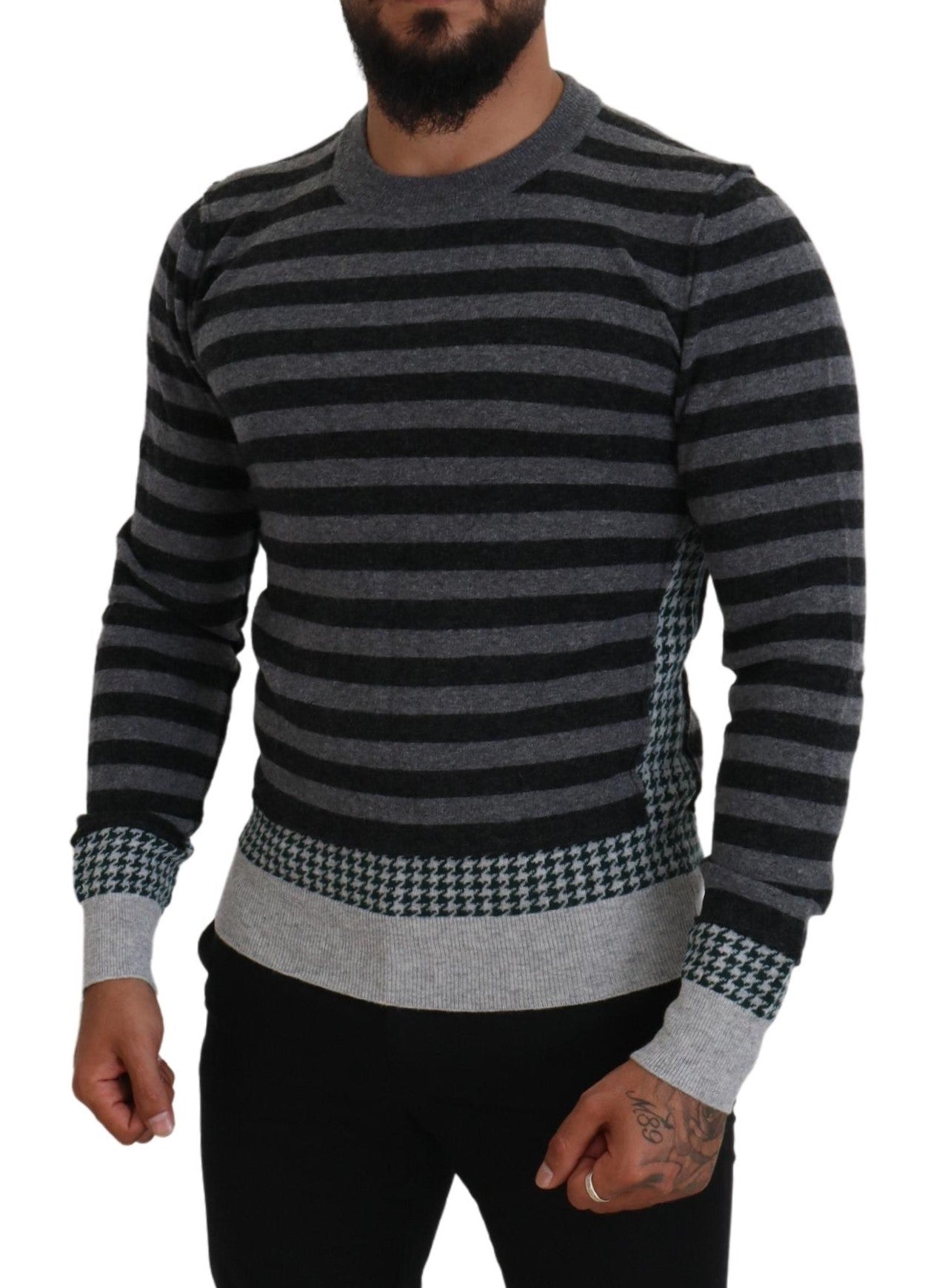 Black Gray Wool Logo Pullover Sweater - ventzia