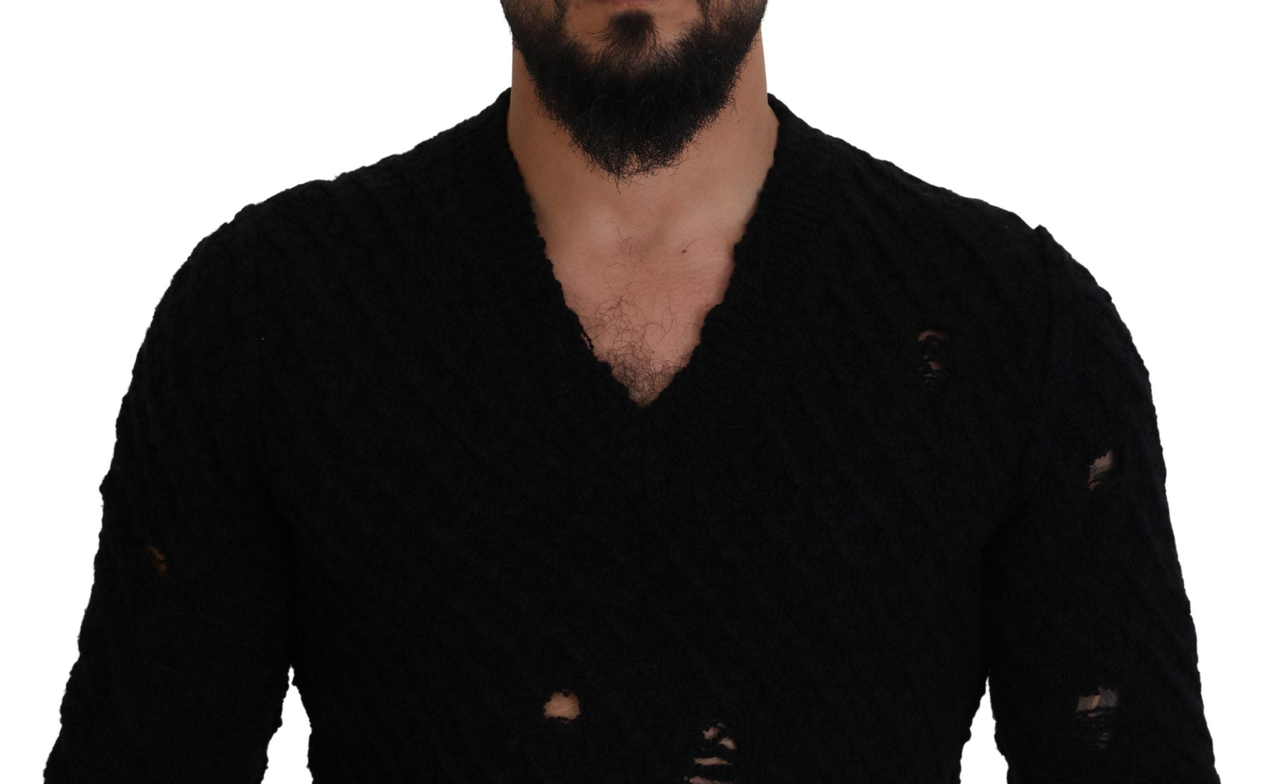 Black Wool V-neck Knitted Pullover Sweater - ventzia