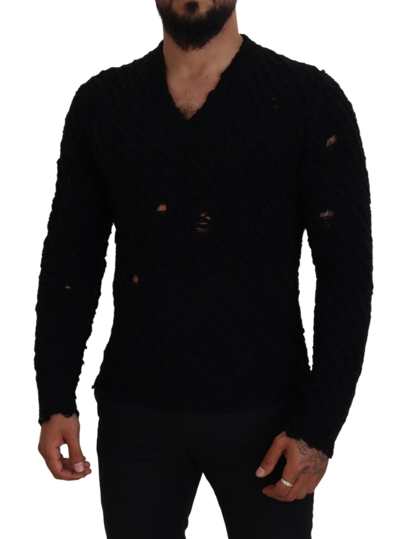 Black Wool V-neck Knitted Pullover Sweater - ventzia