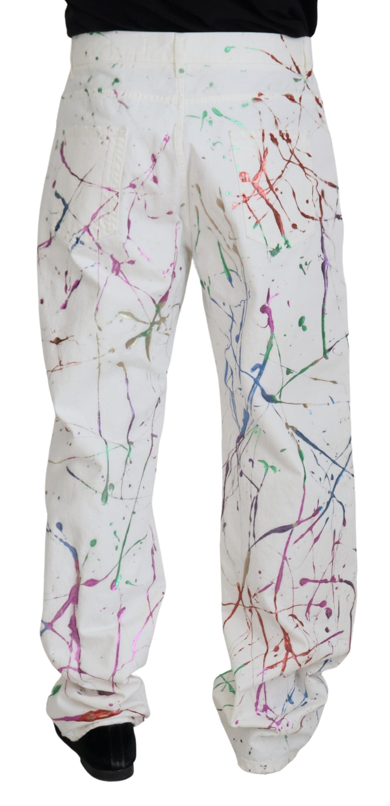 White Cotton Color Splash Print Denim Pants - ventzia