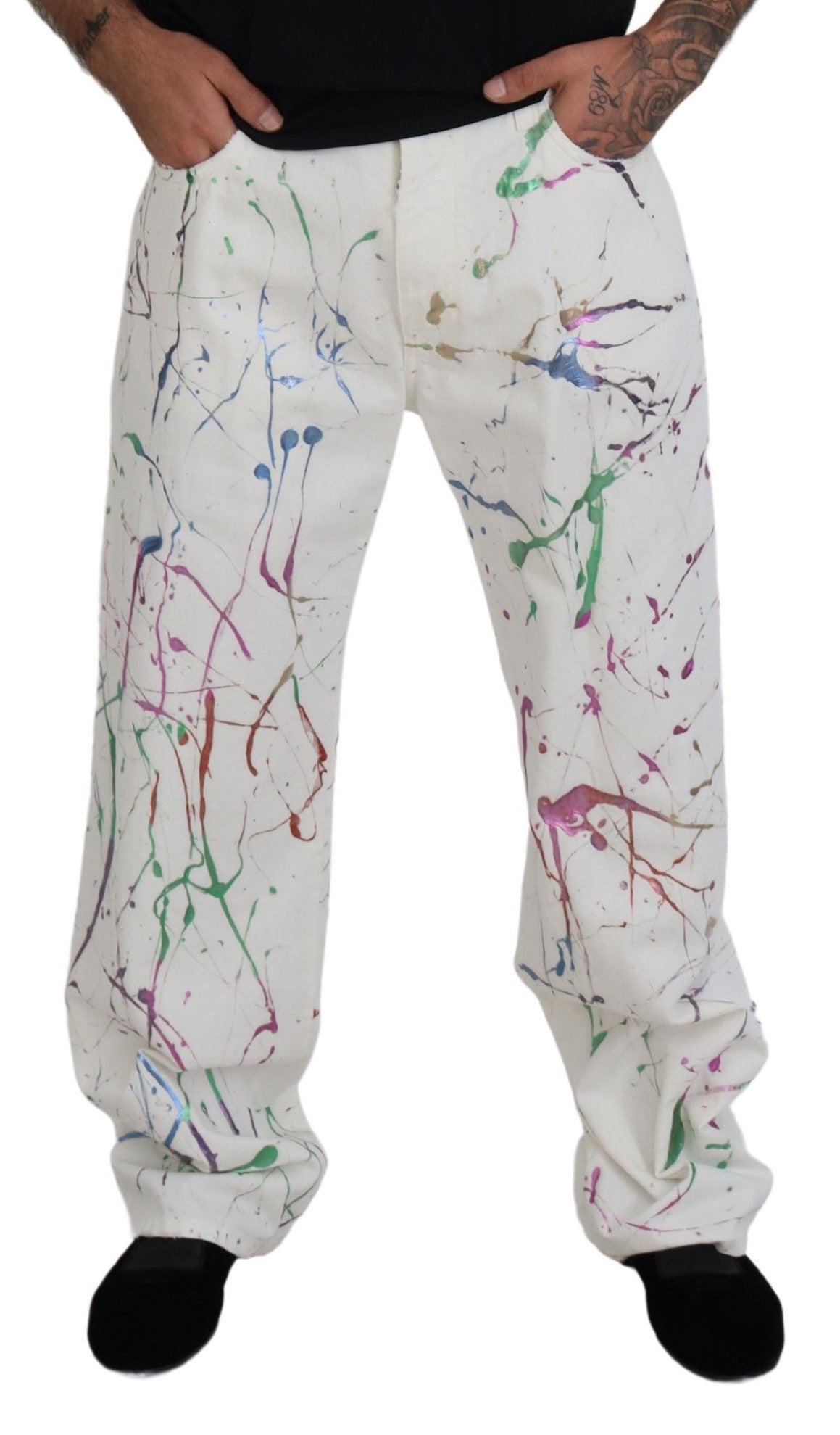 White Cotton Color Splash Print Denim Pants - ventzia