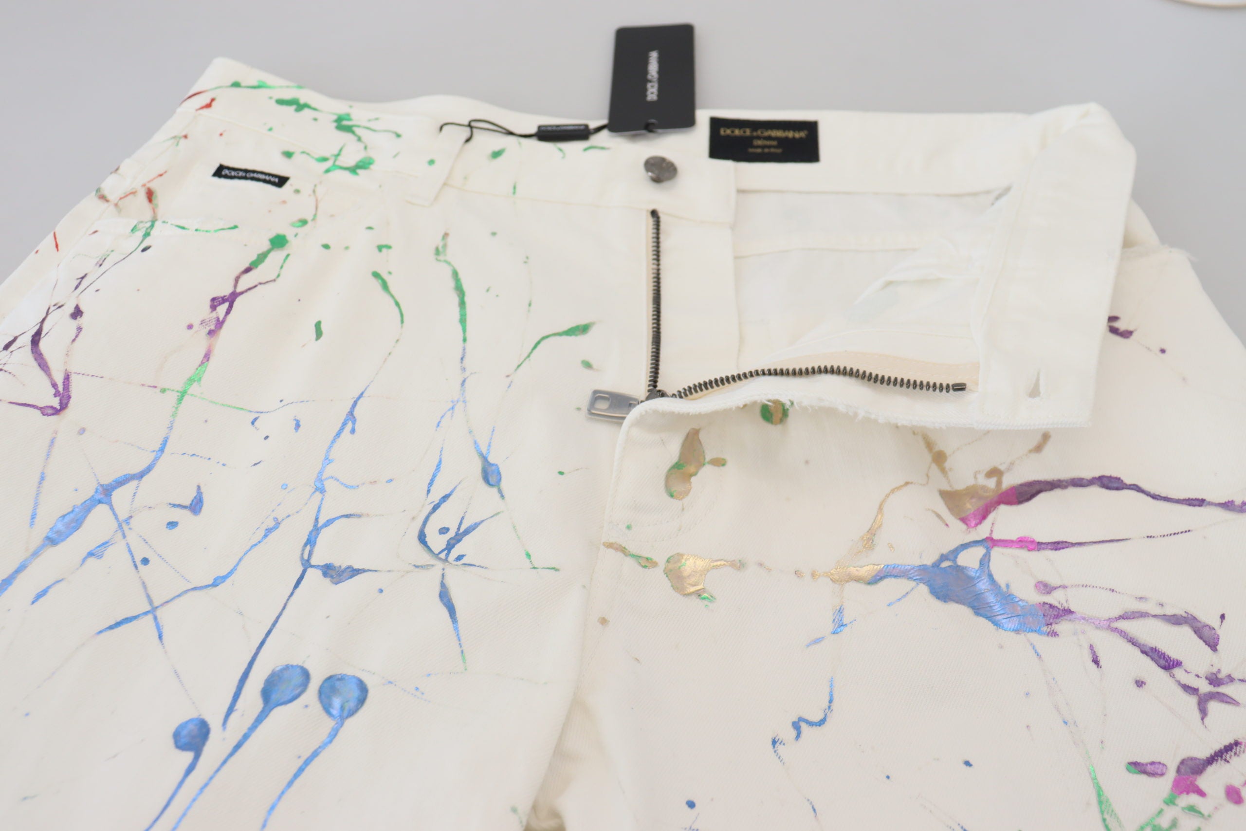 White Cotton Color Splash Print Denim Pants - ventzia