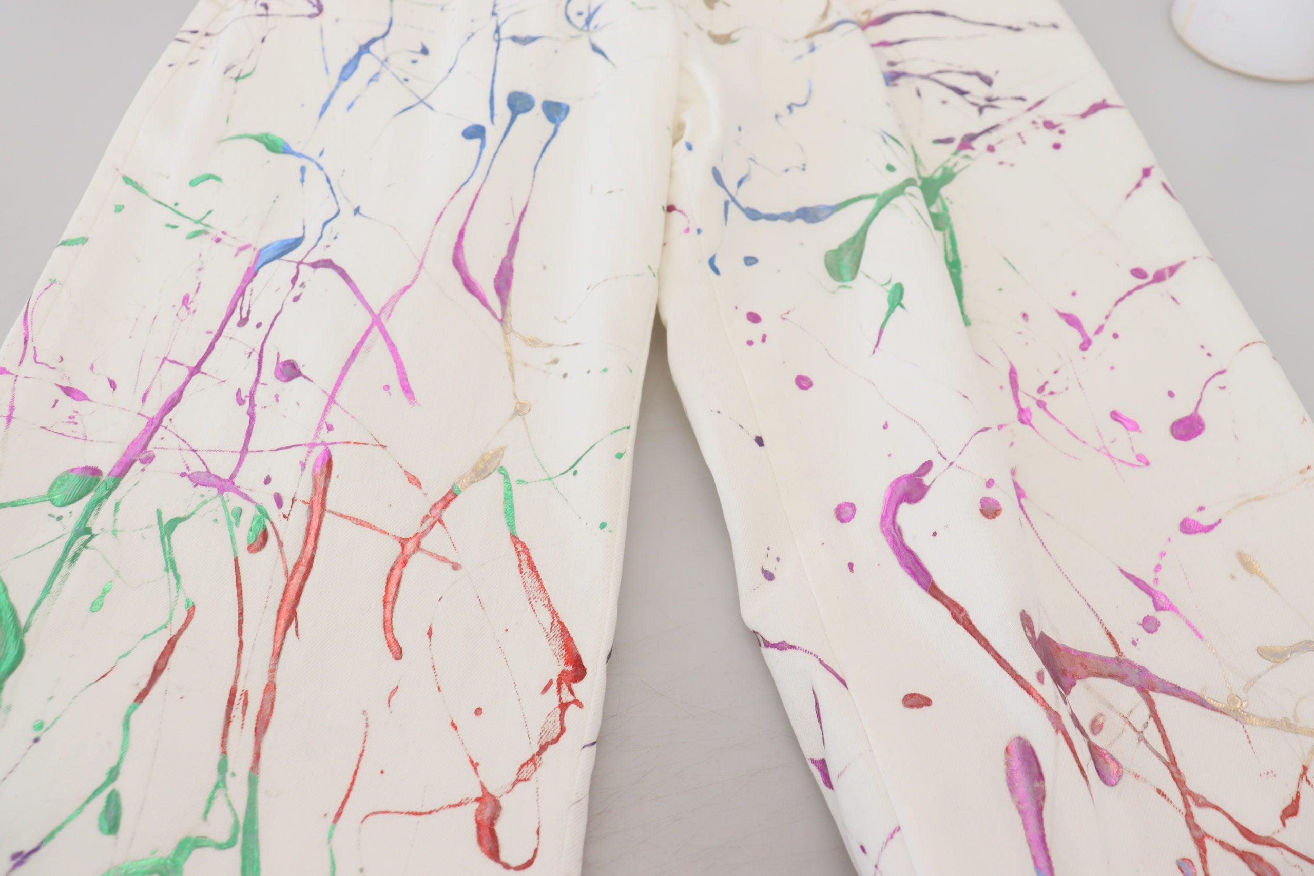 White Cotton Color Splash Print Denim Pants - ventzia
