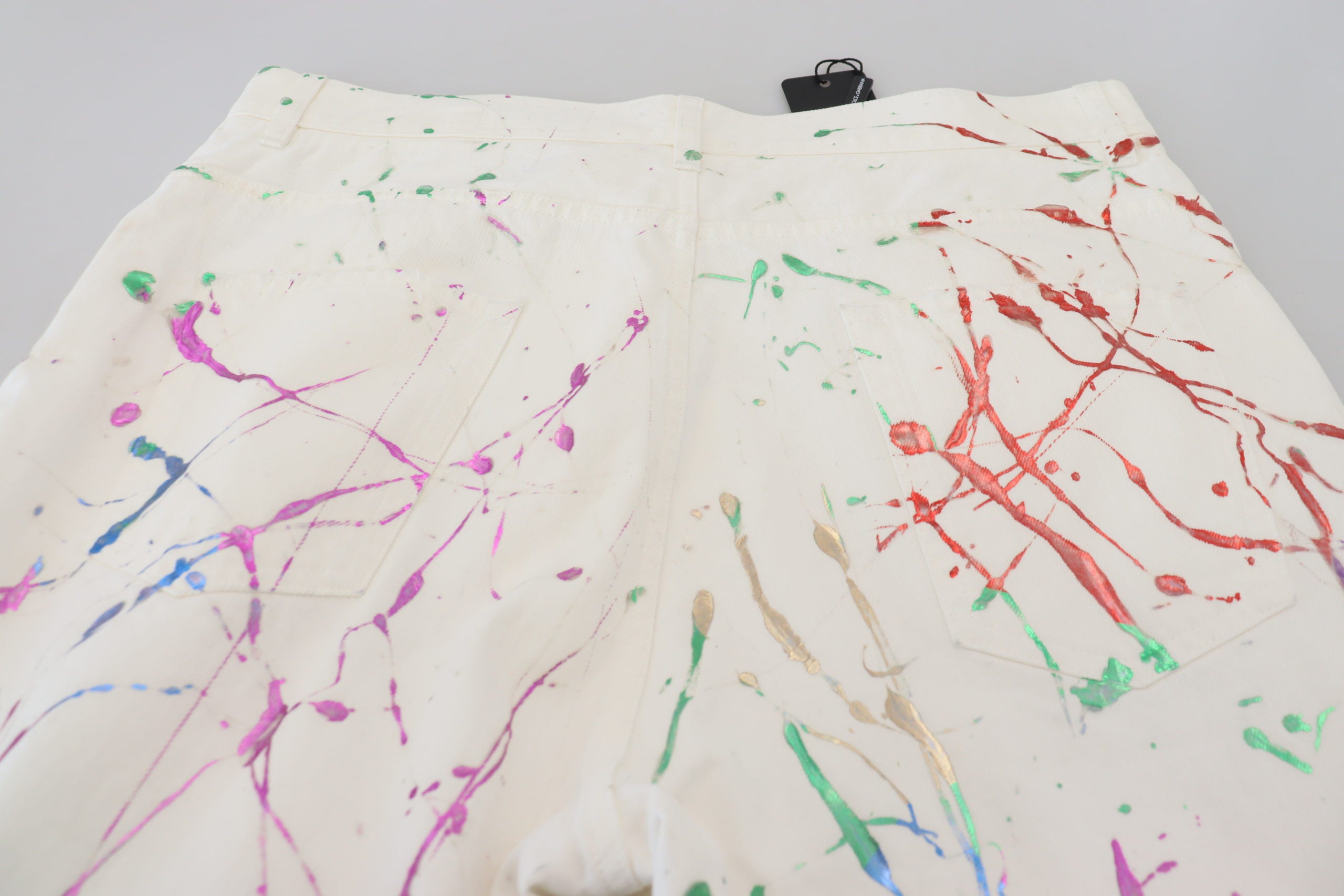 White Cotton Color Splash Print Denim Pants - ventzia