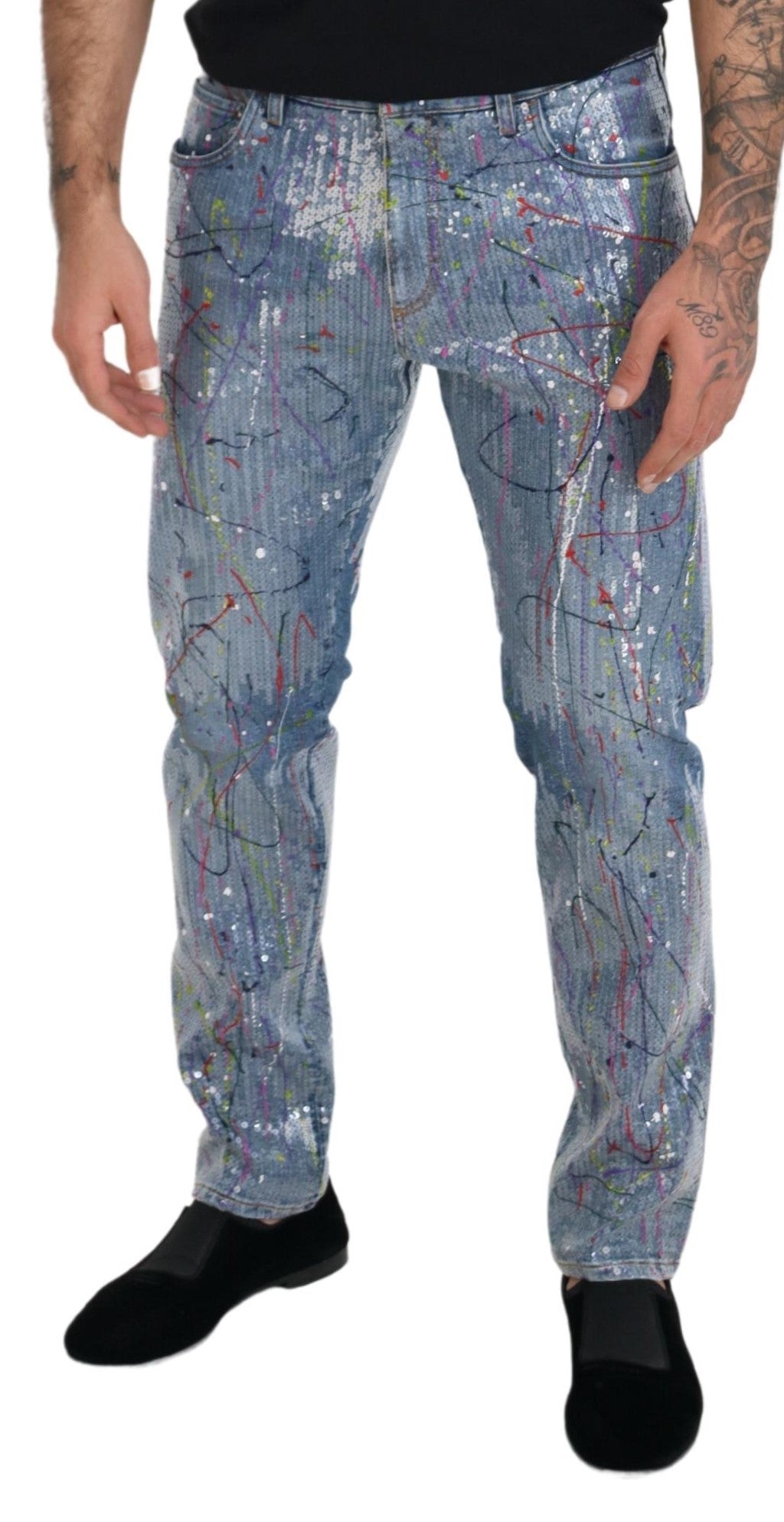 Blue Cotton Color Splash Print Denim Jeans - ventzia