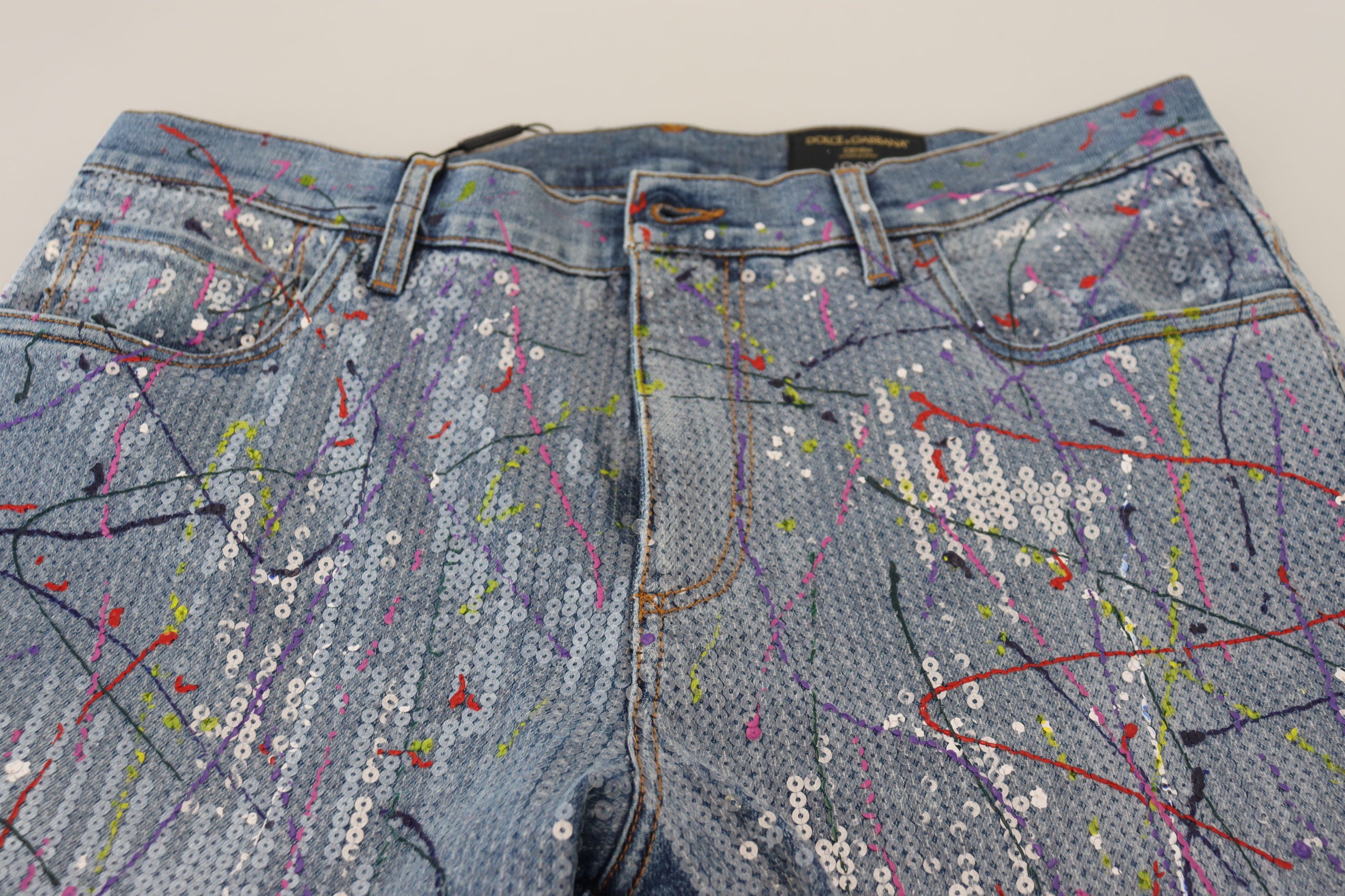 Blue Cotton Color Splash Print Denim Jeans - ventzia