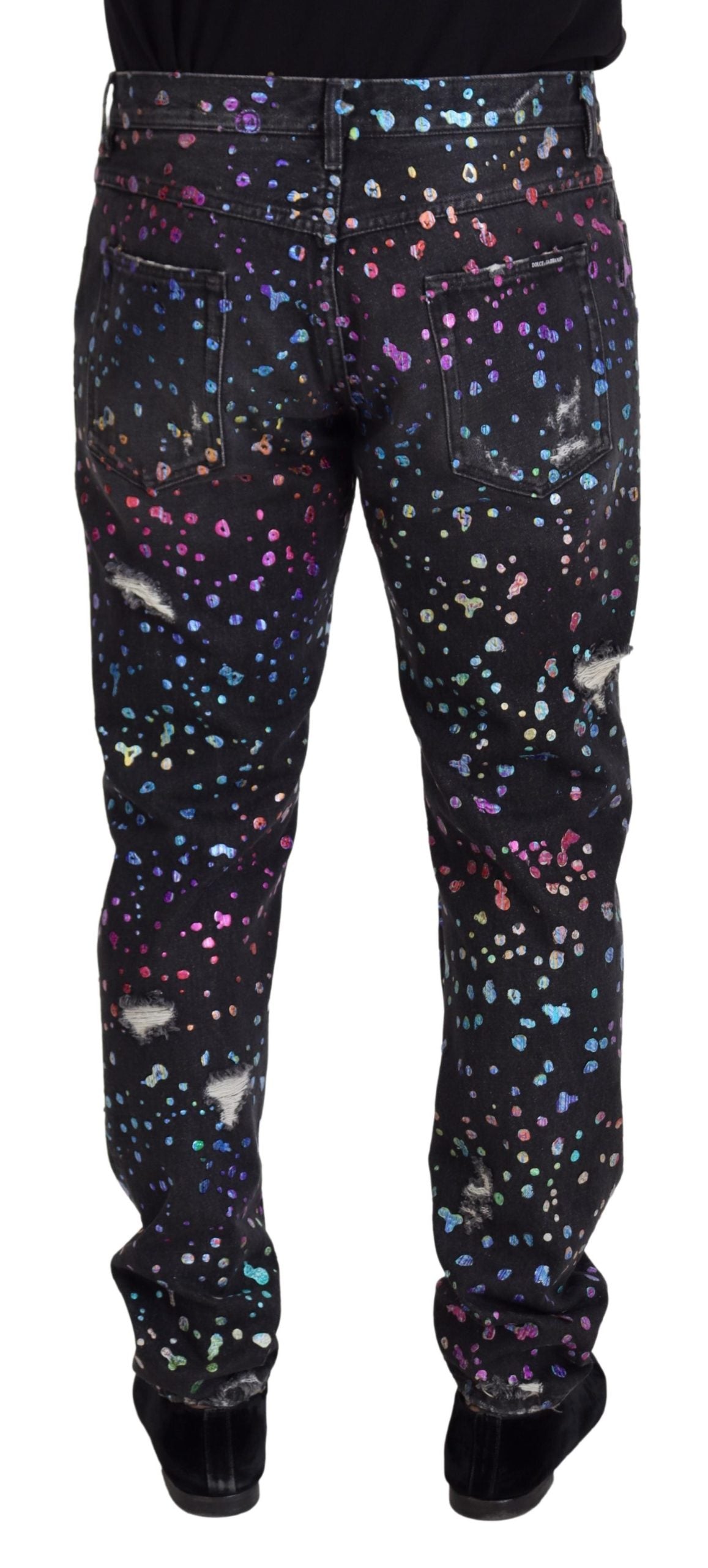 Black Multicolor Print Tattered Denim Jeans - ventzia