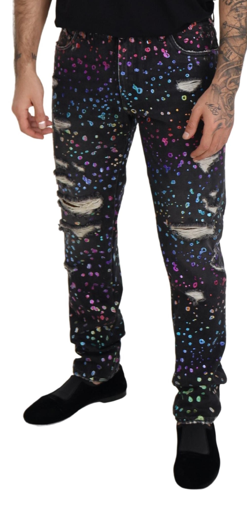 Black Multicolor Print Tattered Denim Jeans - ventzia