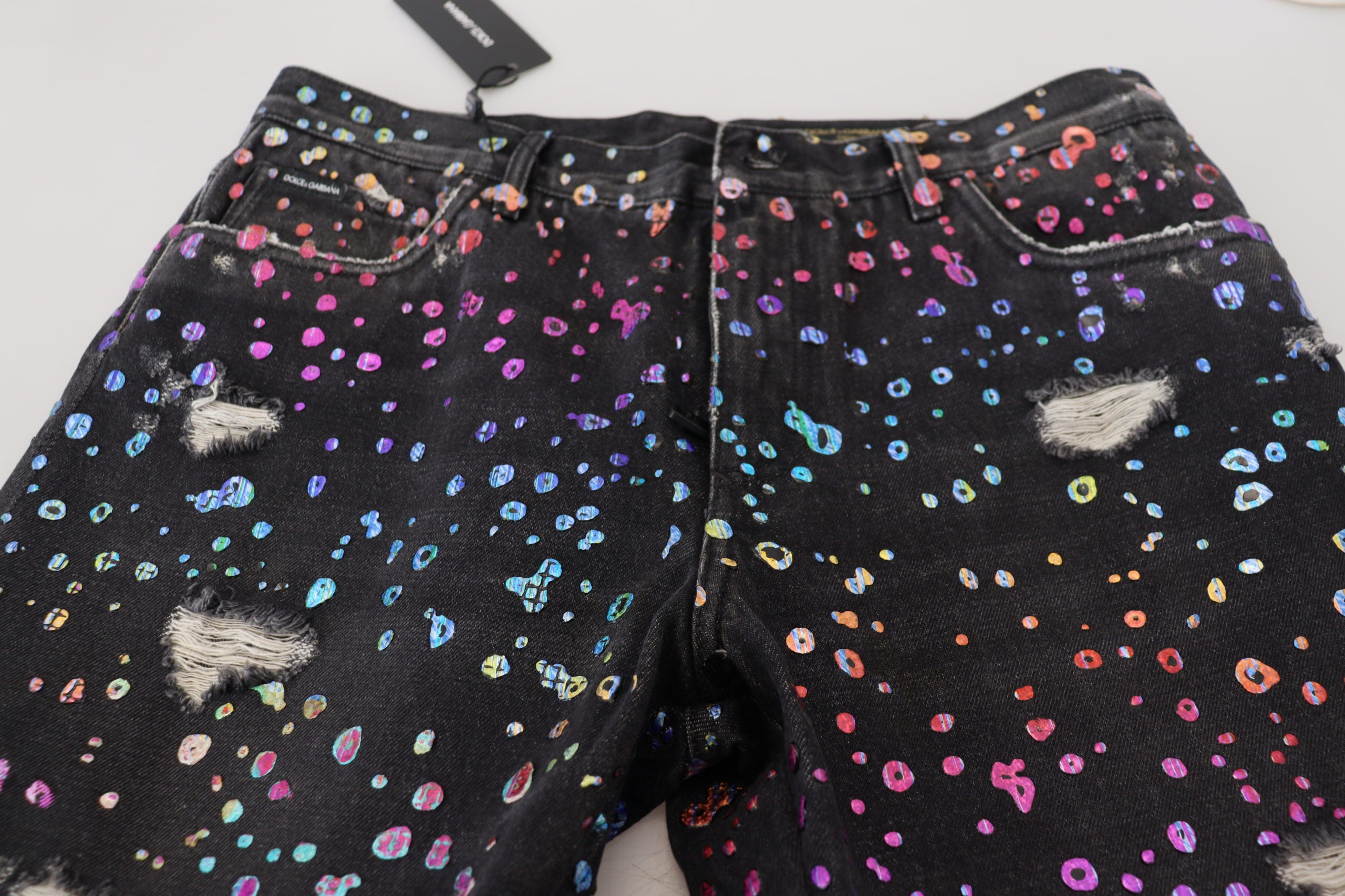 Black Multicolor Print Tattered Denim Jeans - ventzia
