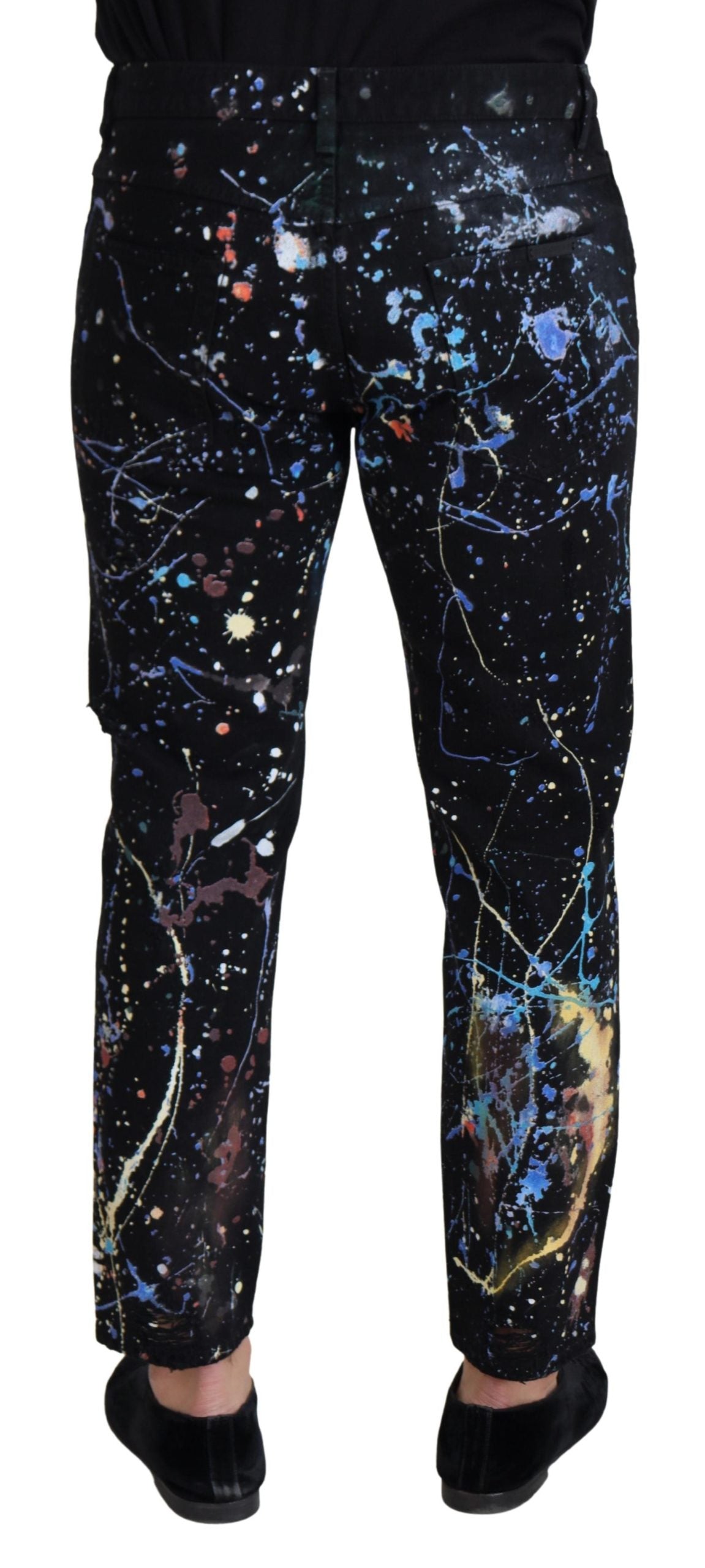Black Cotton Color Splash Print Denim Jeans - ventzia