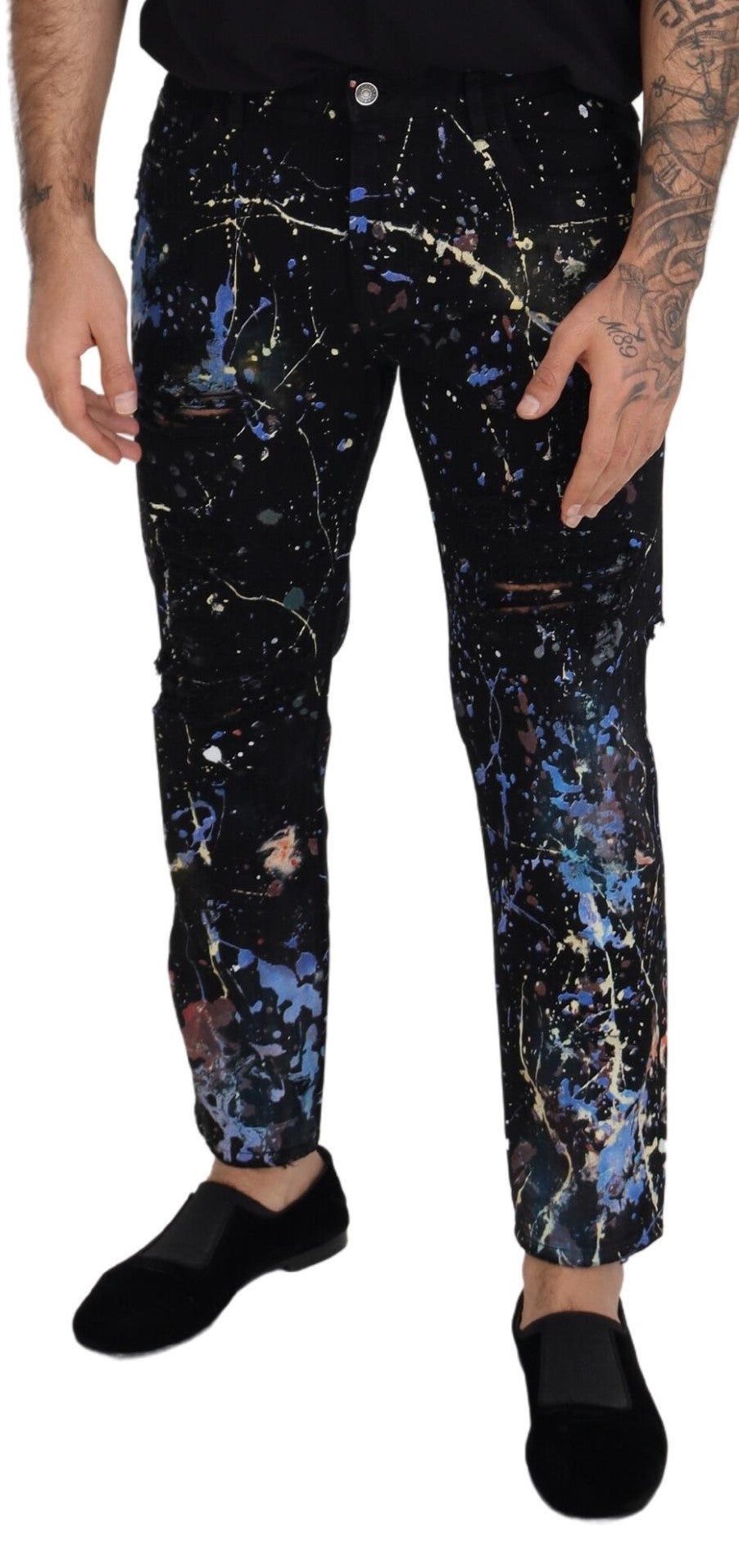 Black Cotton Color Splash Print Denim Jeans - ventzia