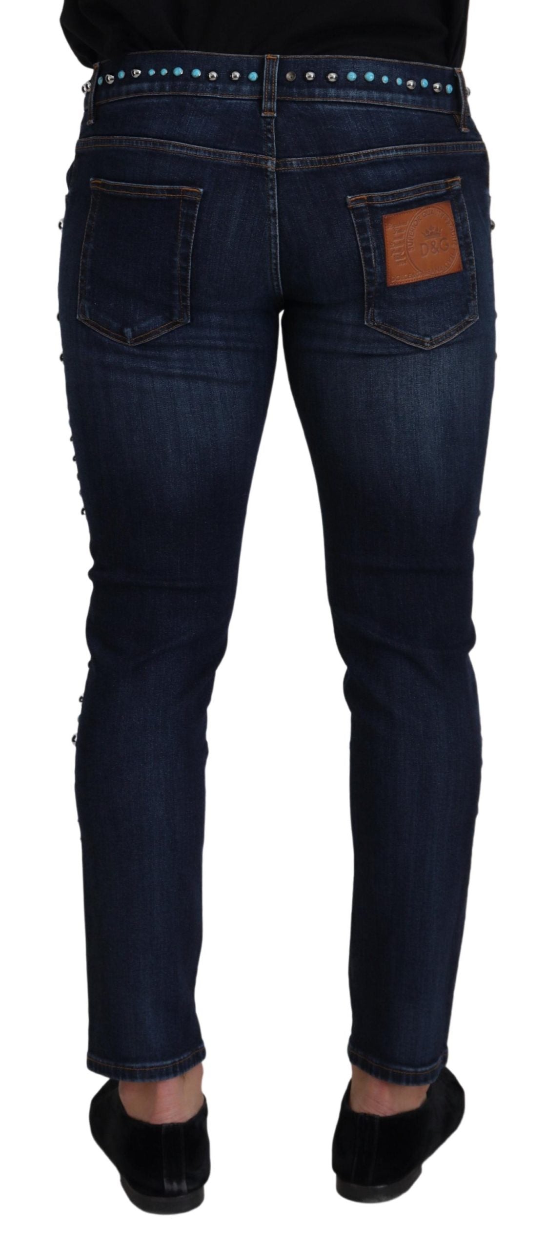 Blue Cotton Studded Low Waist Denim Jeans - ventzia