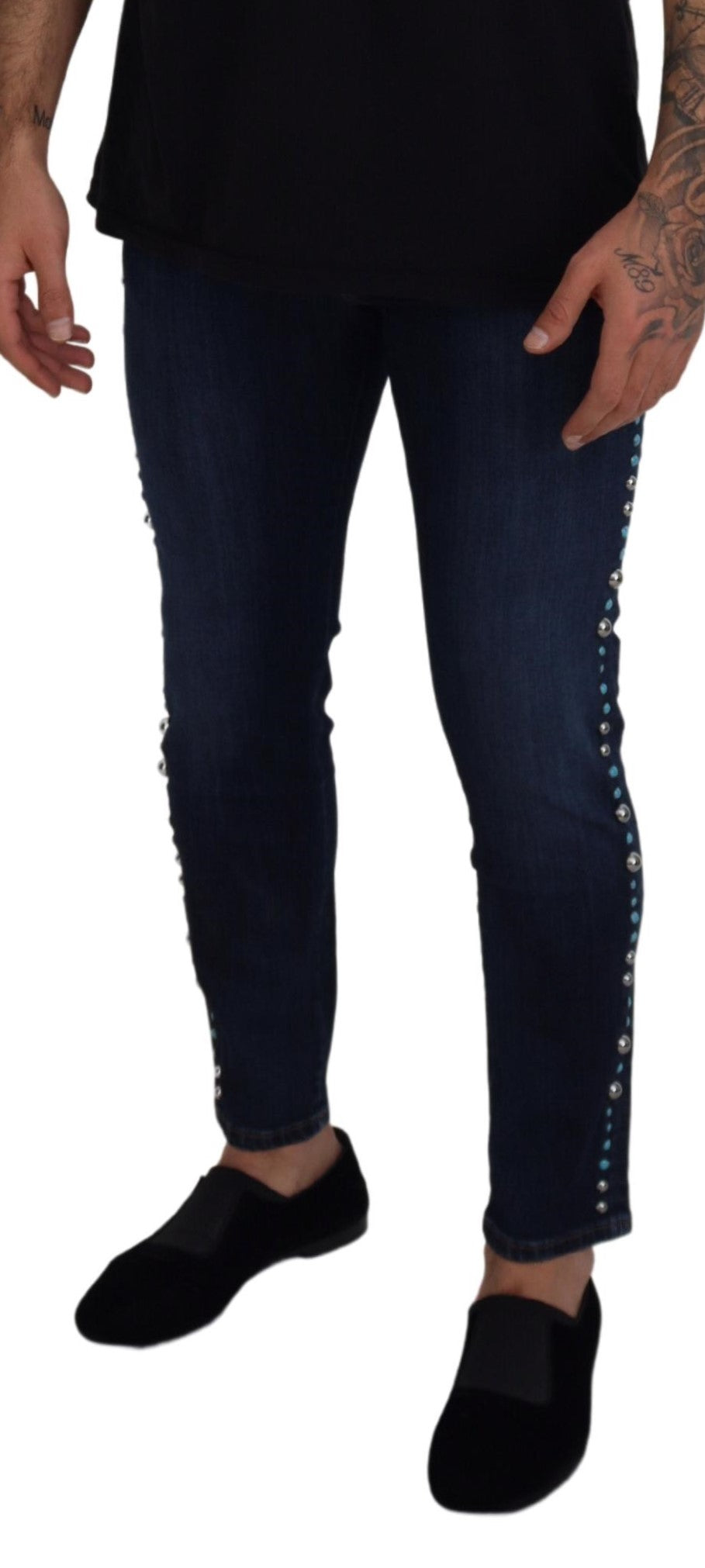 Blue Cotton Studded Low Waist Denim Jeans - ventzia