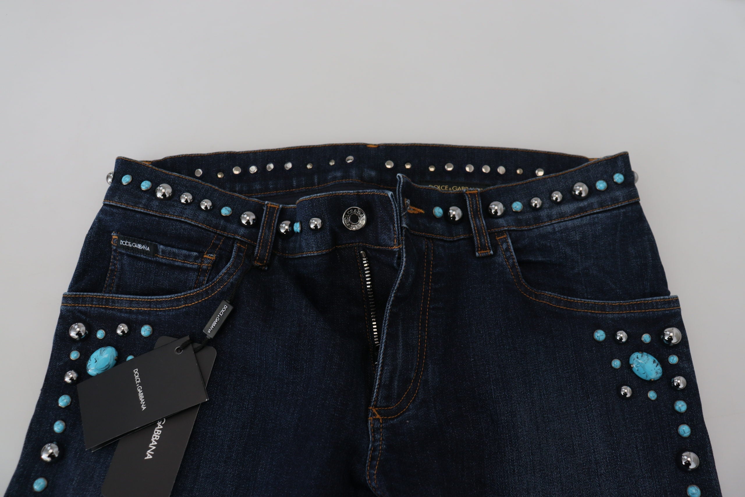 Blue Cotton Studded Low Waist Denim Jeans - ventzia