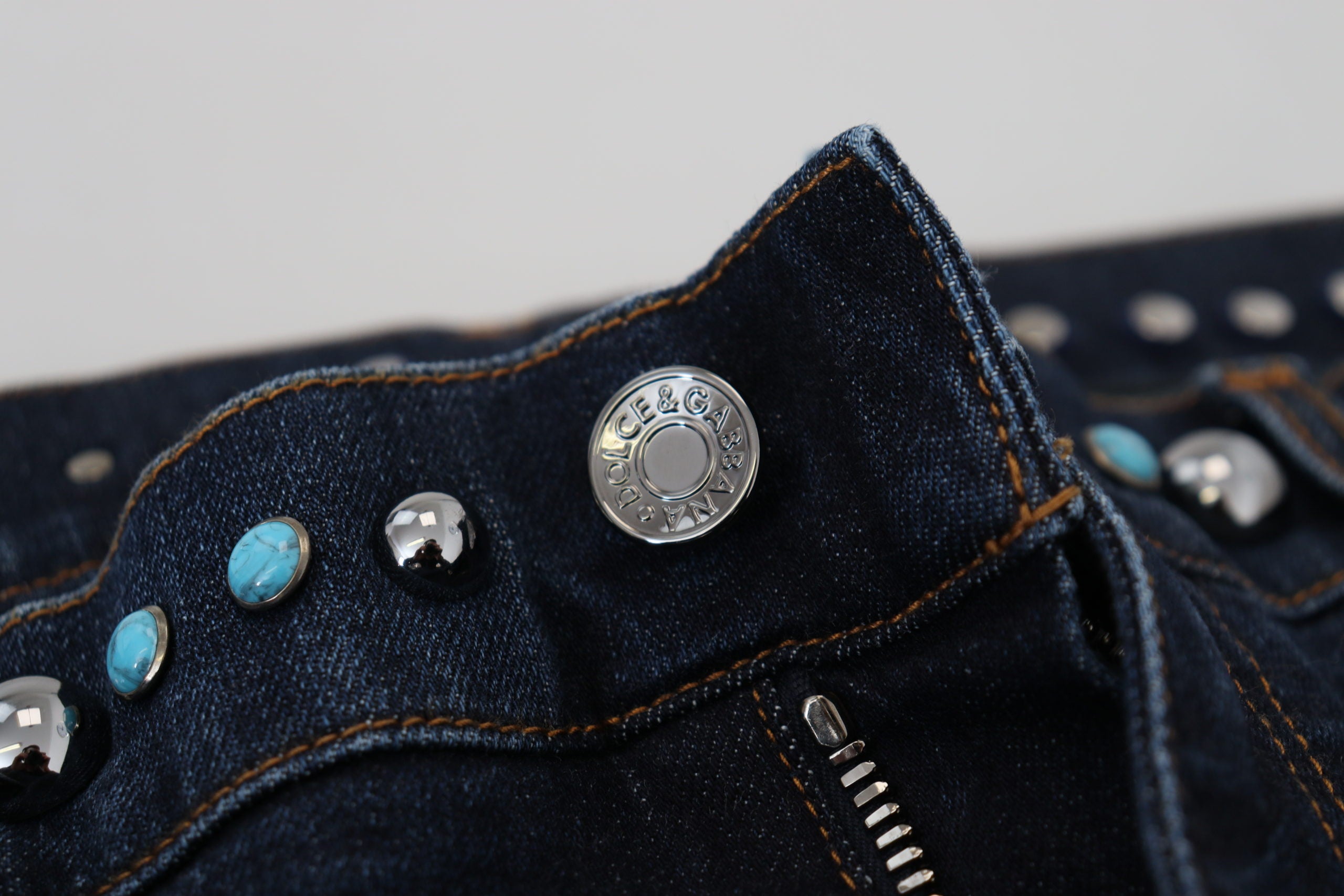 Blue Cotton Studded Low Waist Denim Jeans - ventzia