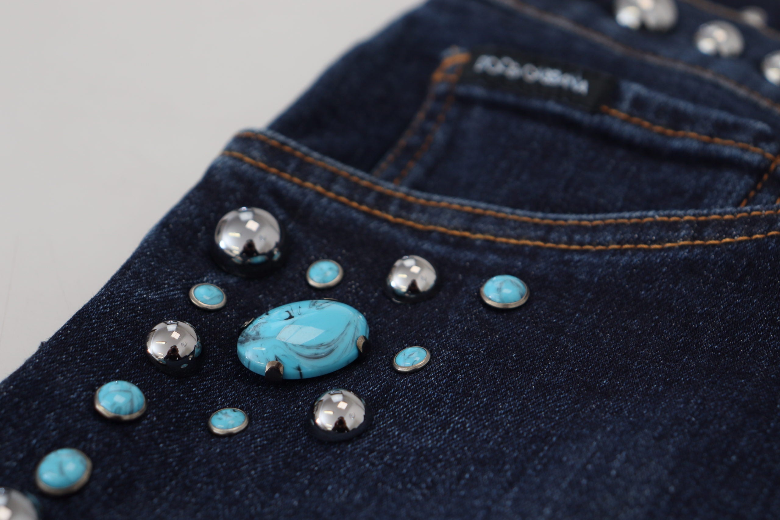 Blue Cotton Studded Low Waist Denim Jeans - ventzia
