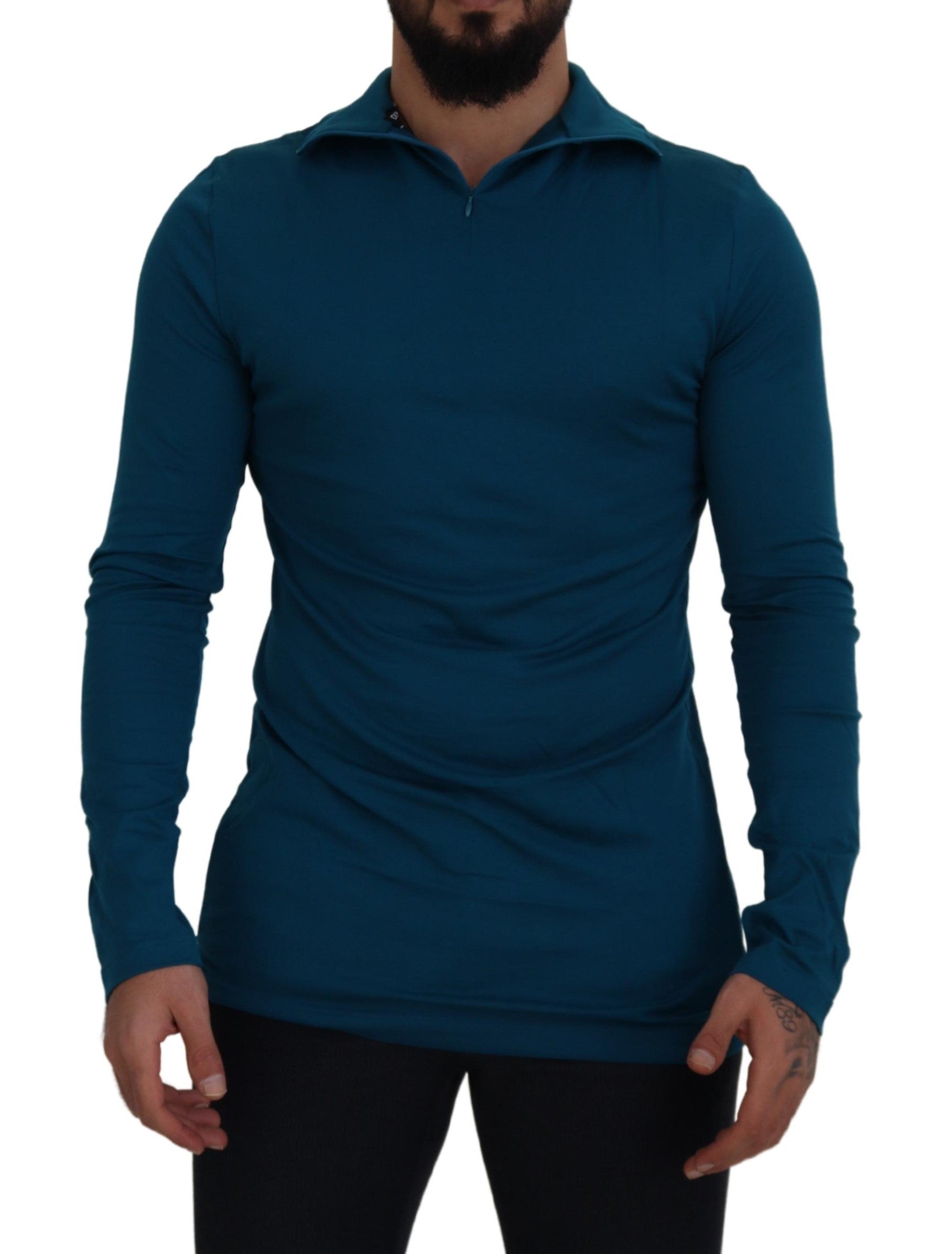 Blue Cotton Collared Slim Pullover Sweater - ventzia