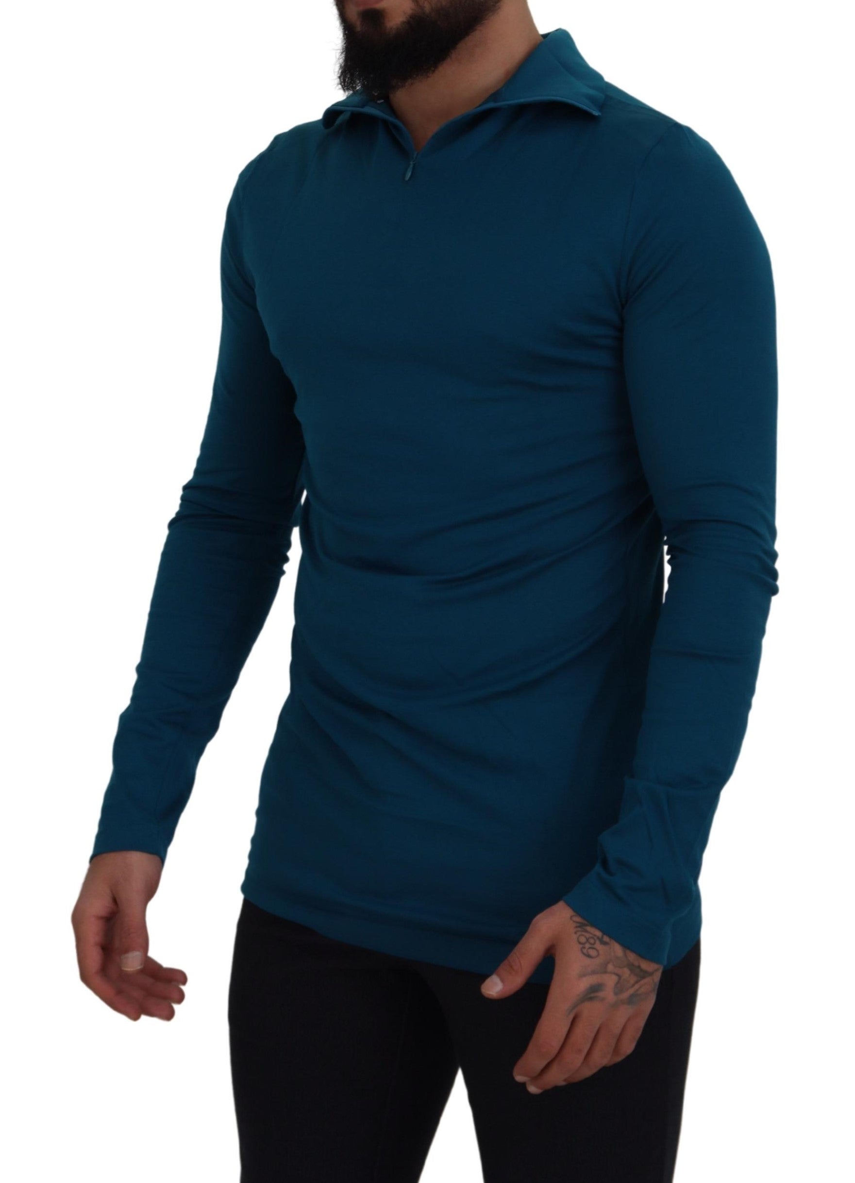 Blue Cotton Collared Slim Pullover Sweater - ventzia