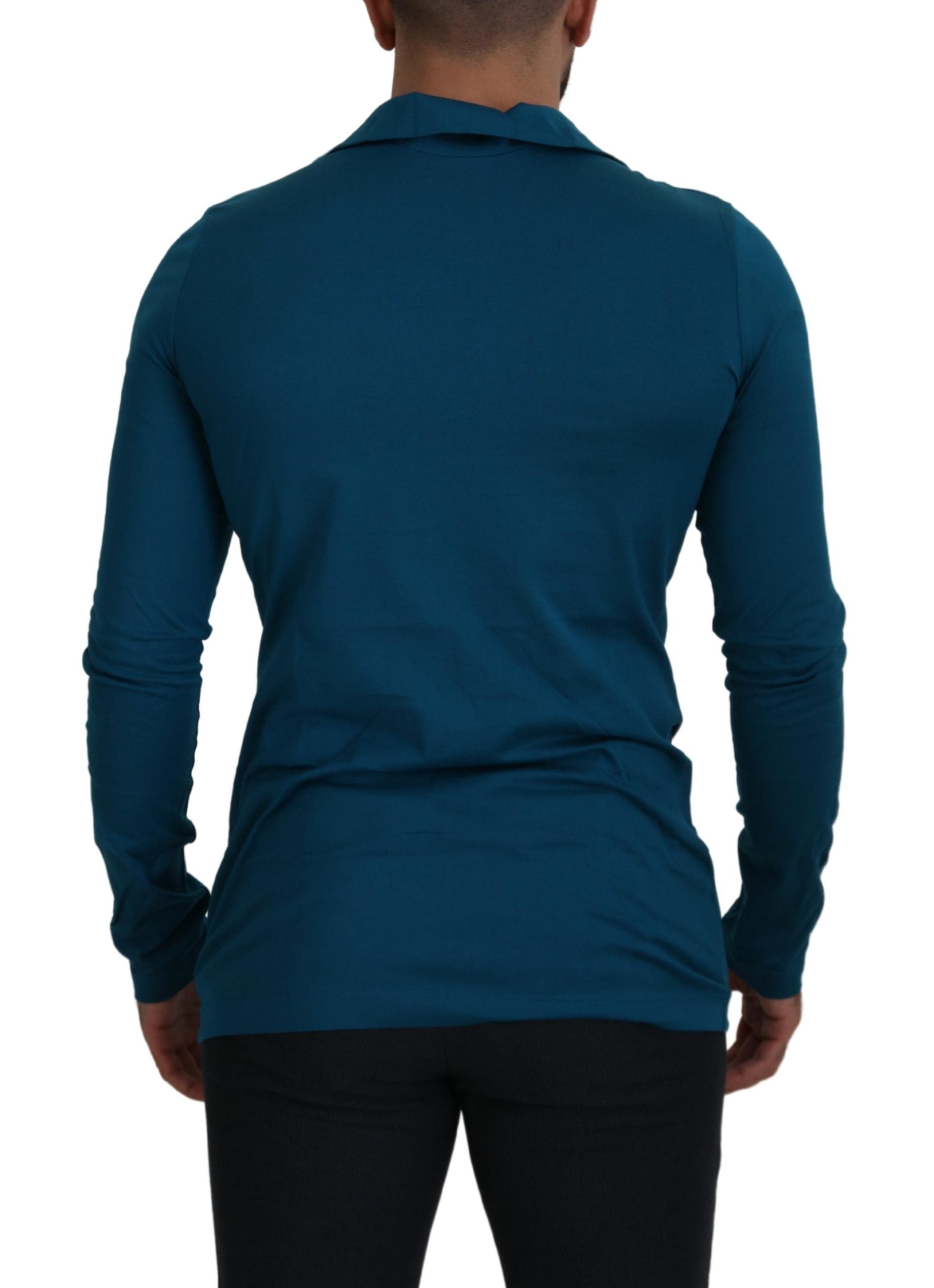 Blue Cotton Collared Slim Pullover Sweater - ventzia