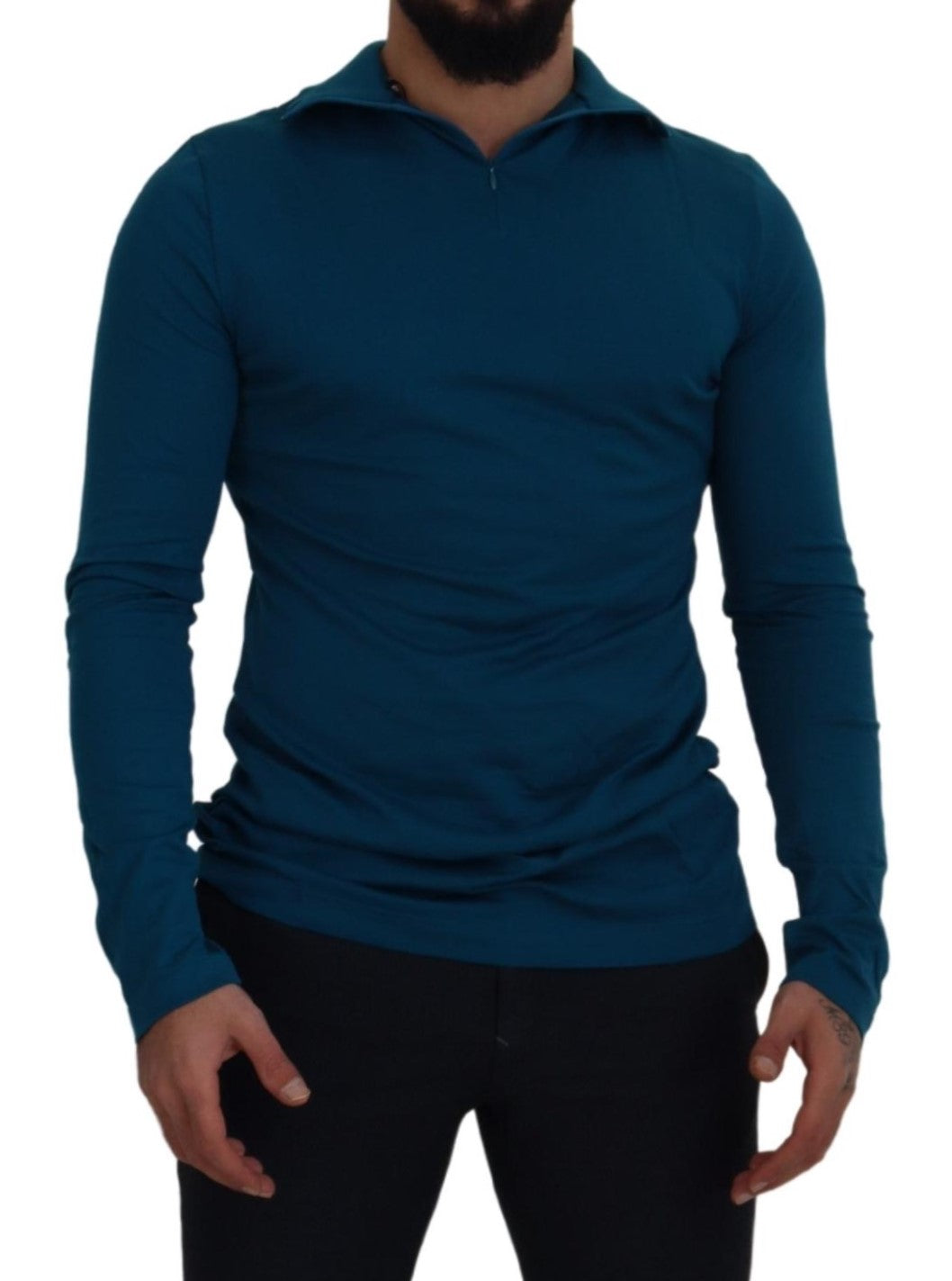 Blue Cotton Collared Slim Pullover Sweater - ventzia
