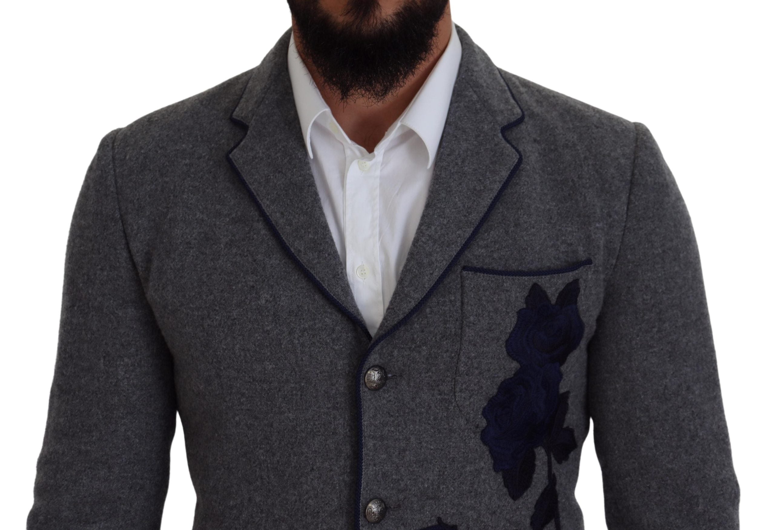 Gray Wool Roses Slim Fit Jacket Blazer - ventzia