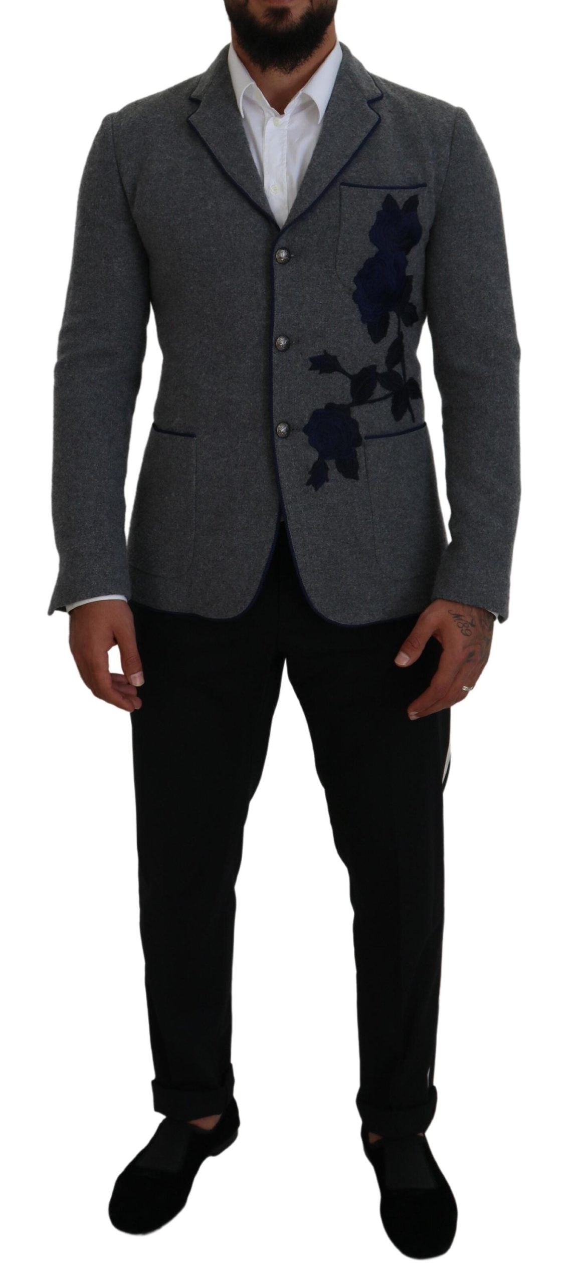 Gray Wool Roses Slim Fit Jacket Blazer - ventzia