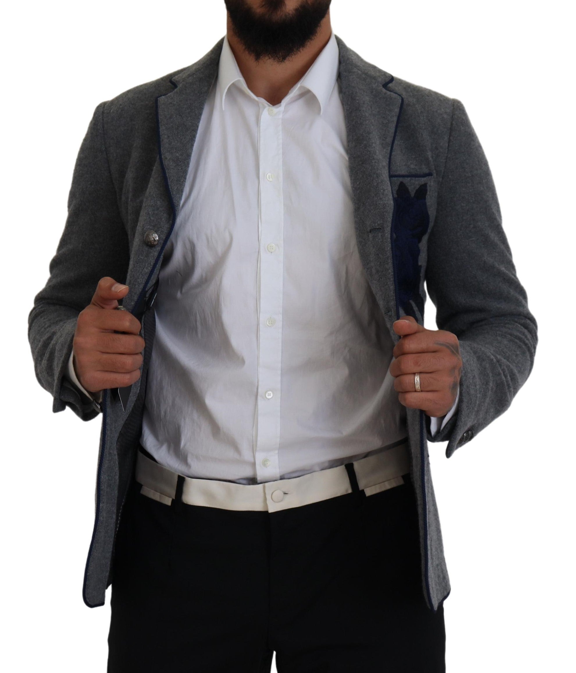 Gray Wool Roses Slim Fit Jacket Blazer - ventzia