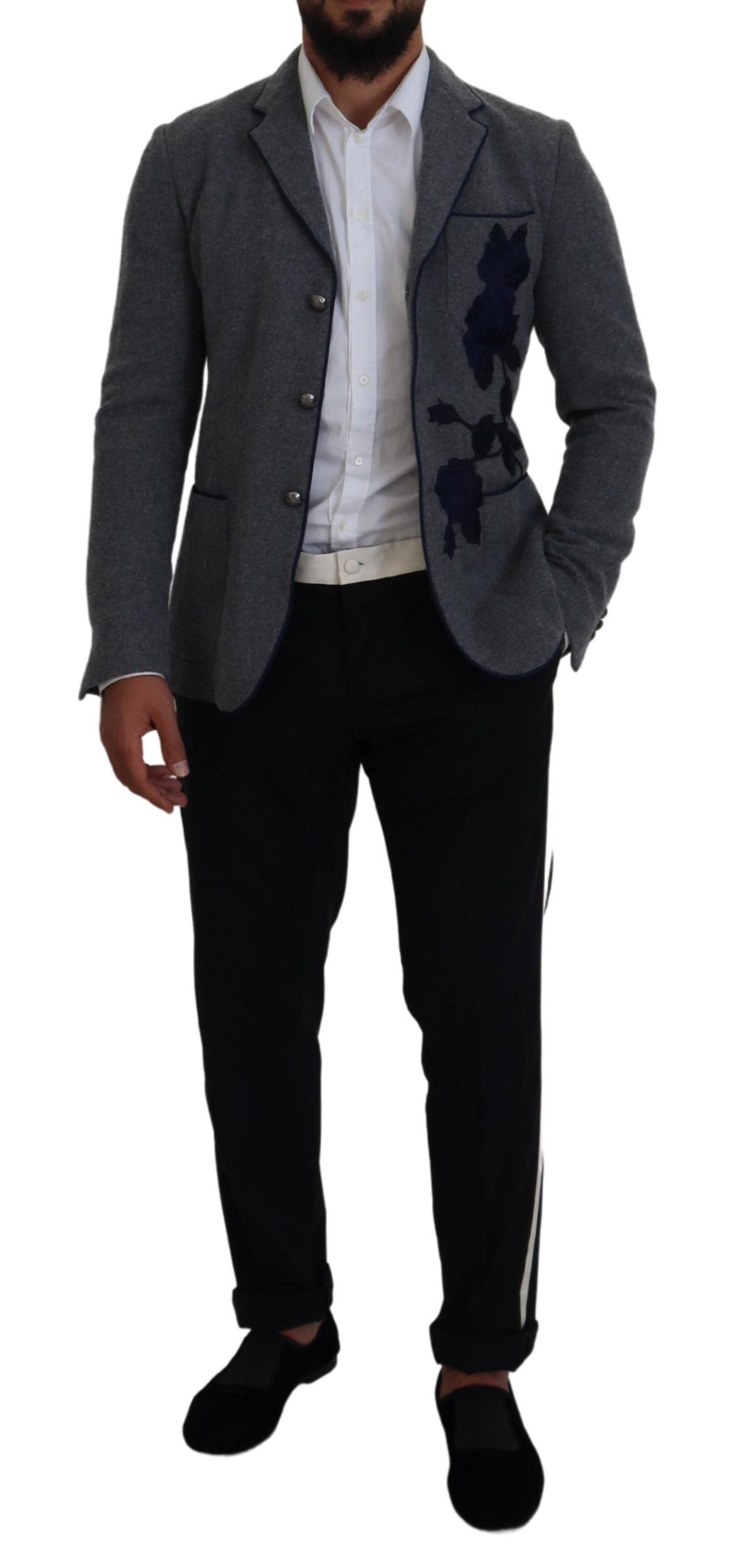 Gray Wool Roses Slim Fit Jacket Blazer - ventzia
