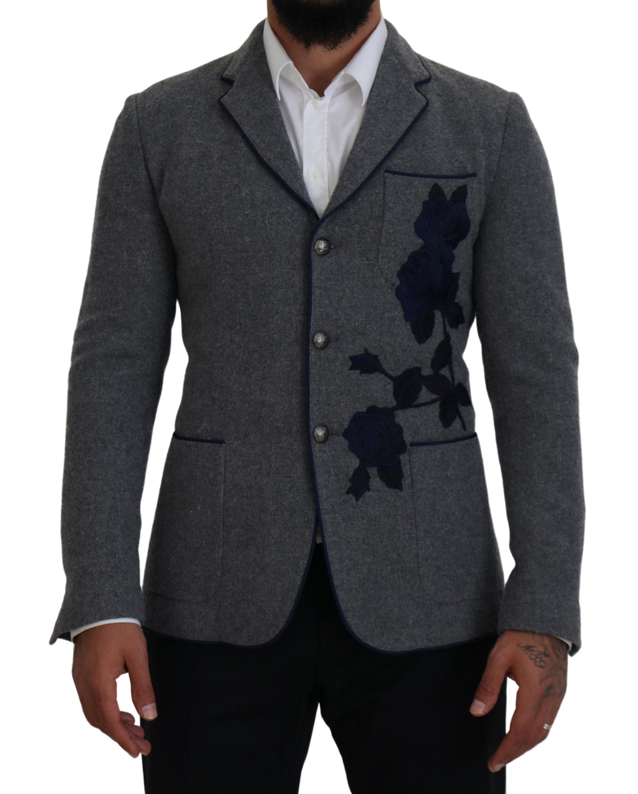 Gray Wool Roses Slim Fit Jacket Blazer - ventzia