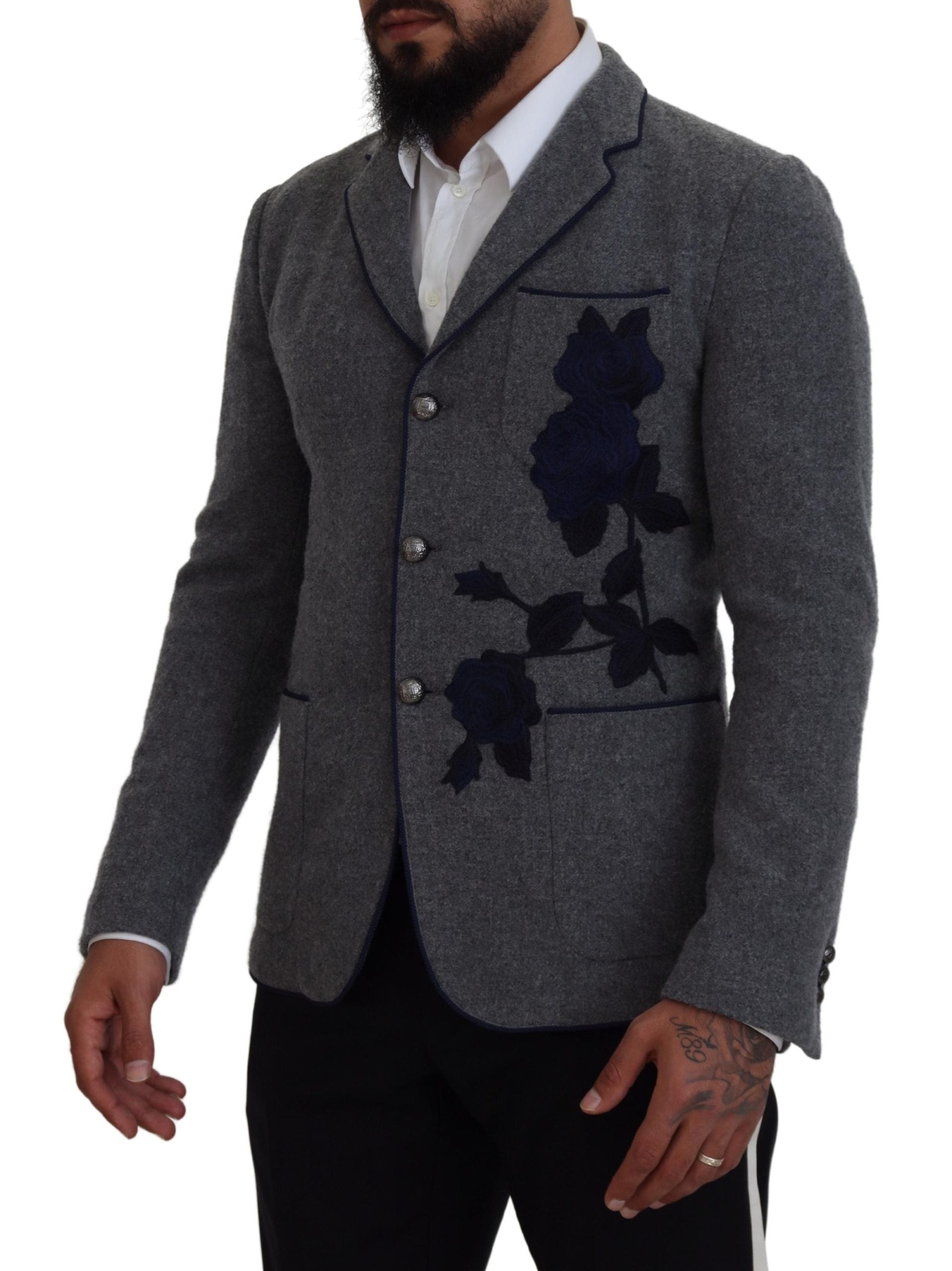 Gray Wool Roses Slim Fit Jacket Blazer - ventzia