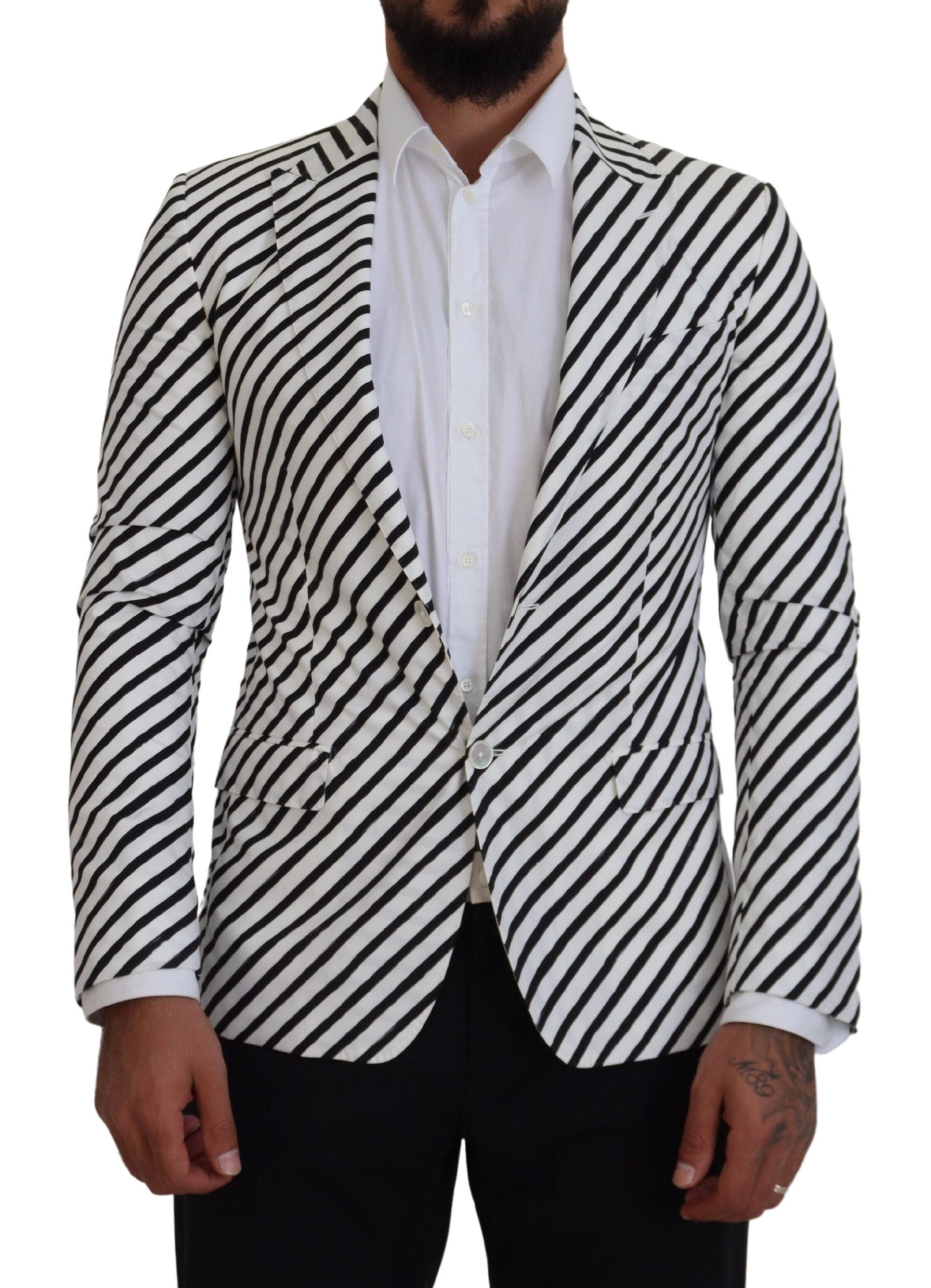 White Black Striped Slim Fit Jacket Blazer - ventzia