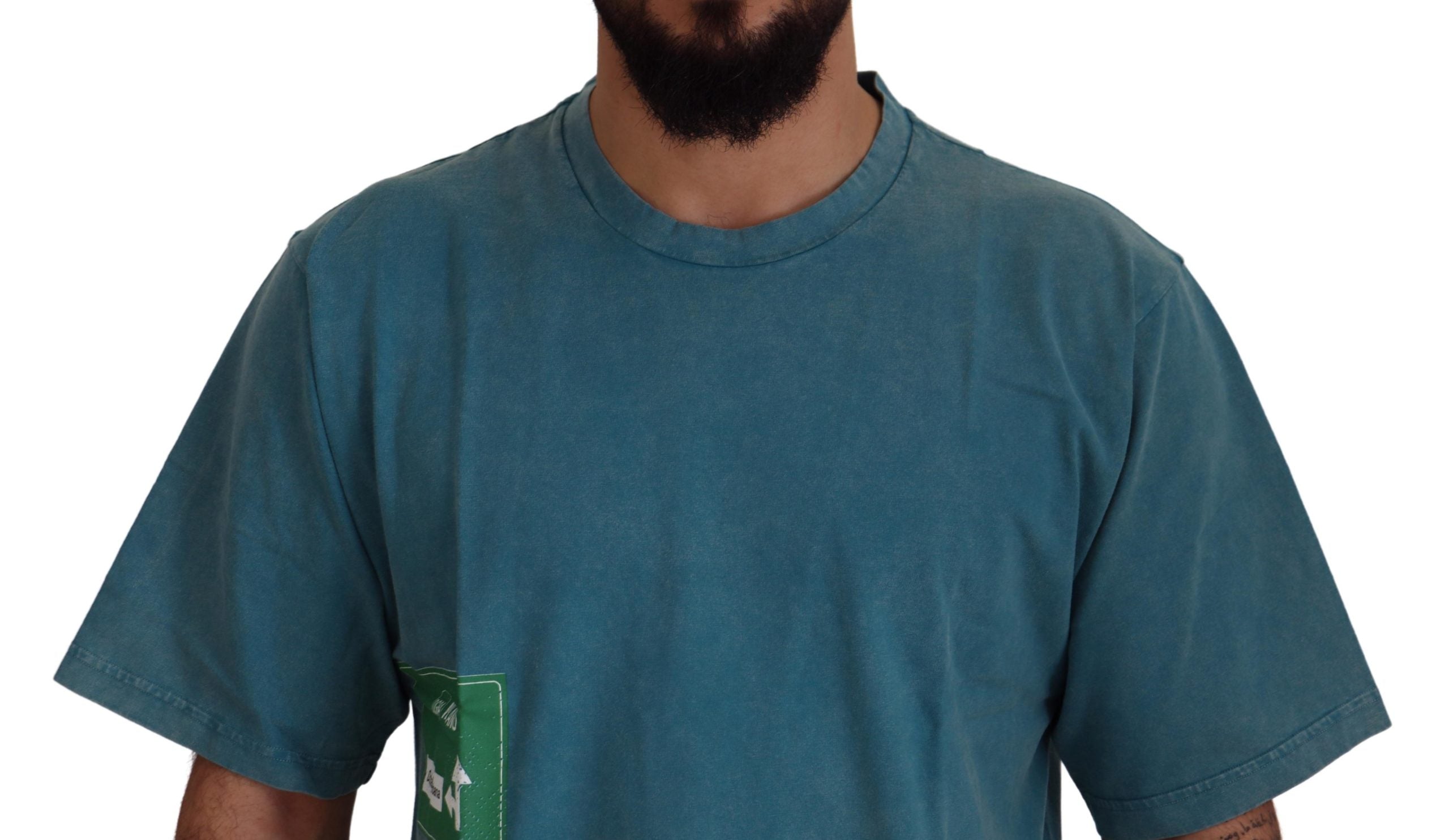 Blue Logo Print Crewneck Cotton T-shirt - ventzia