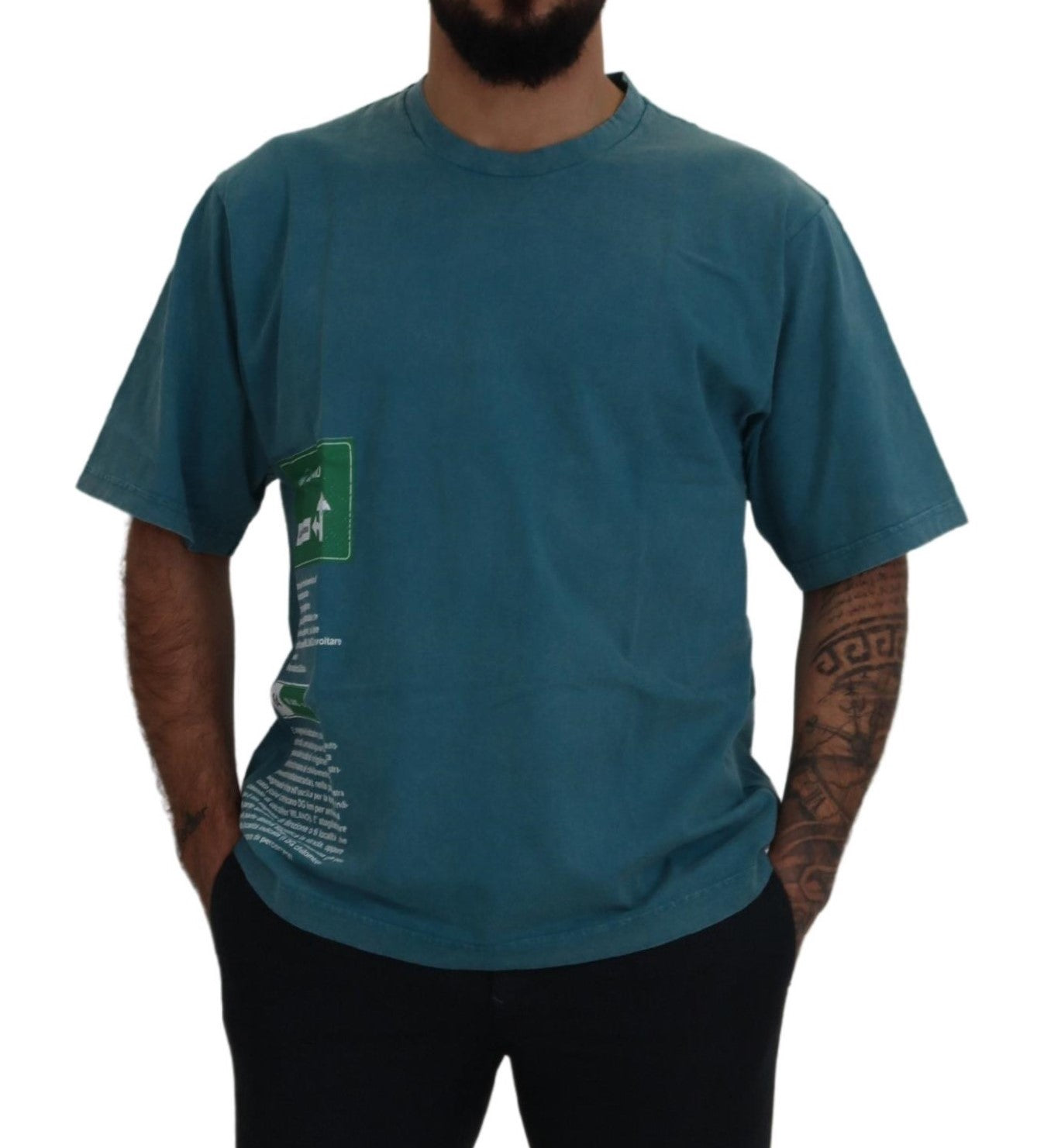 Blue Logo Print Crewneck Cotton T-shirt - ventzia