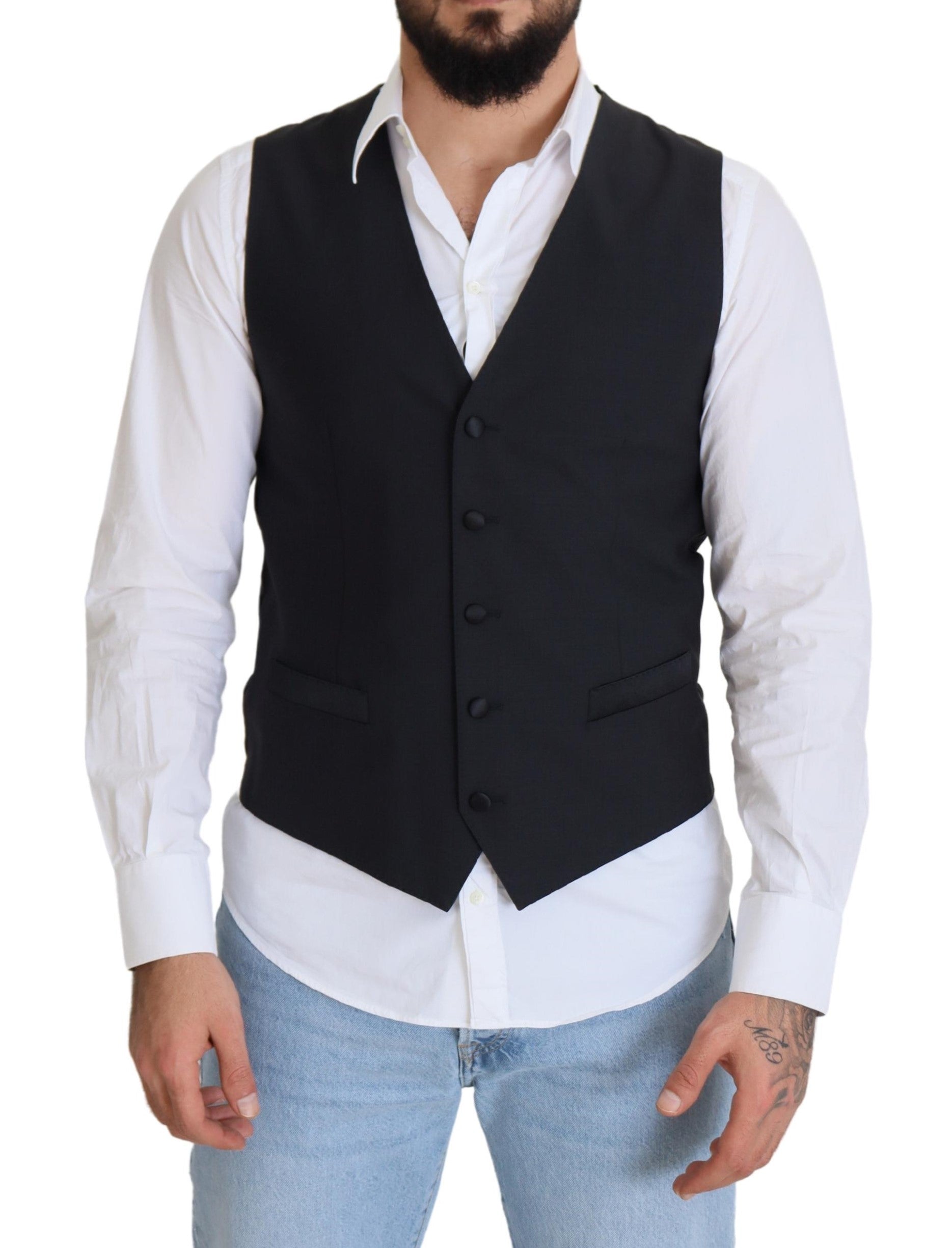 Black Wool Stretch Waistcoat Formal Vest - ventzia