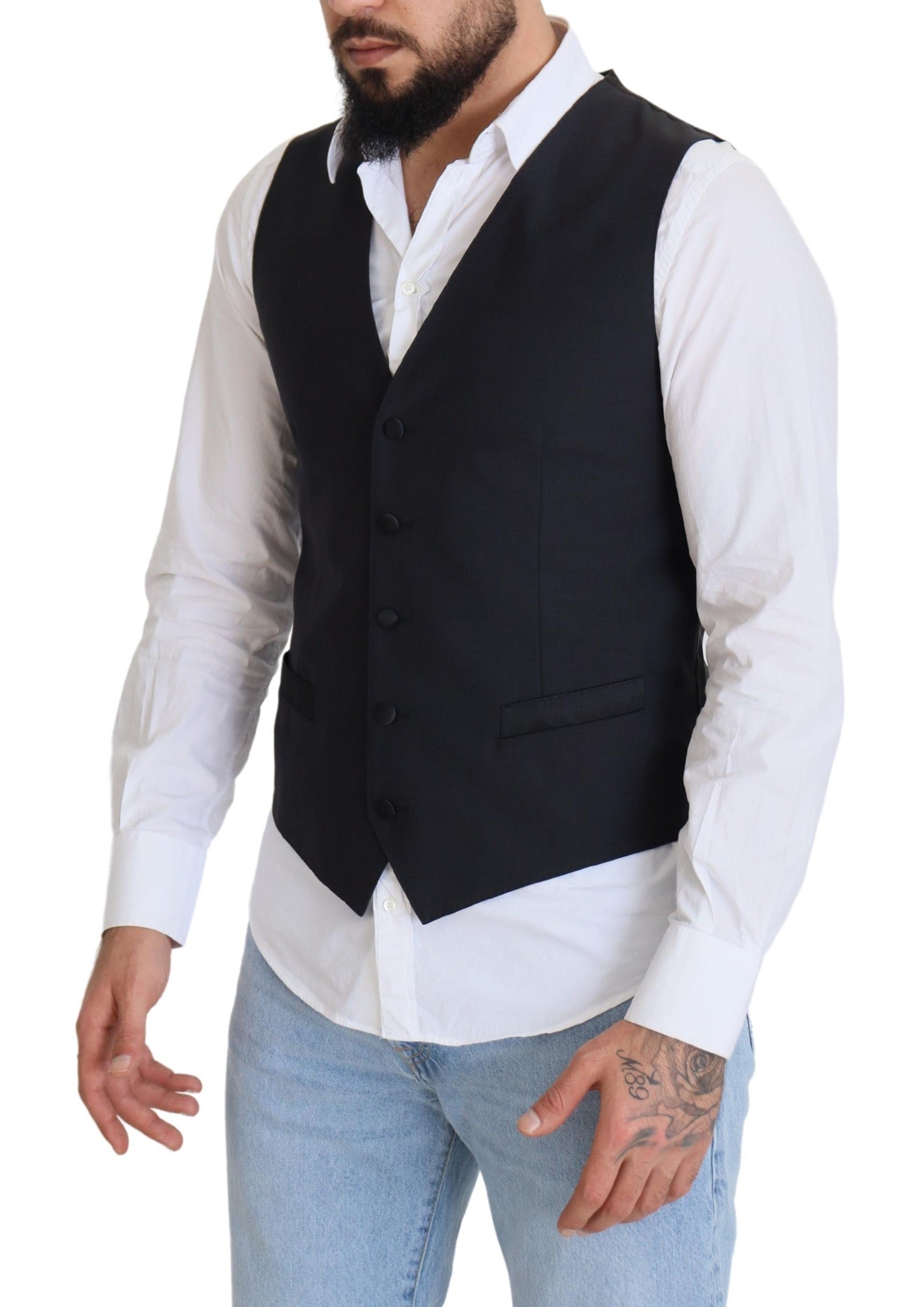 Black Wool Stretch Waistcoat Formal Vest - ventzia