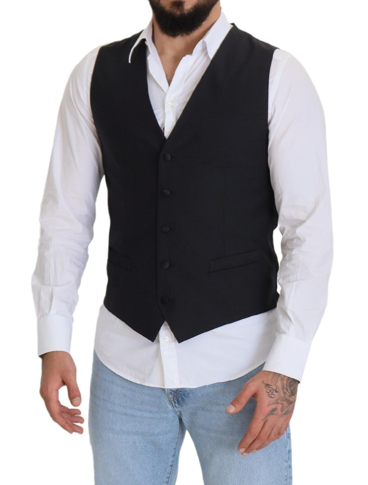 Black Wool Stretch Waistcoat Formal Vest - ventzia